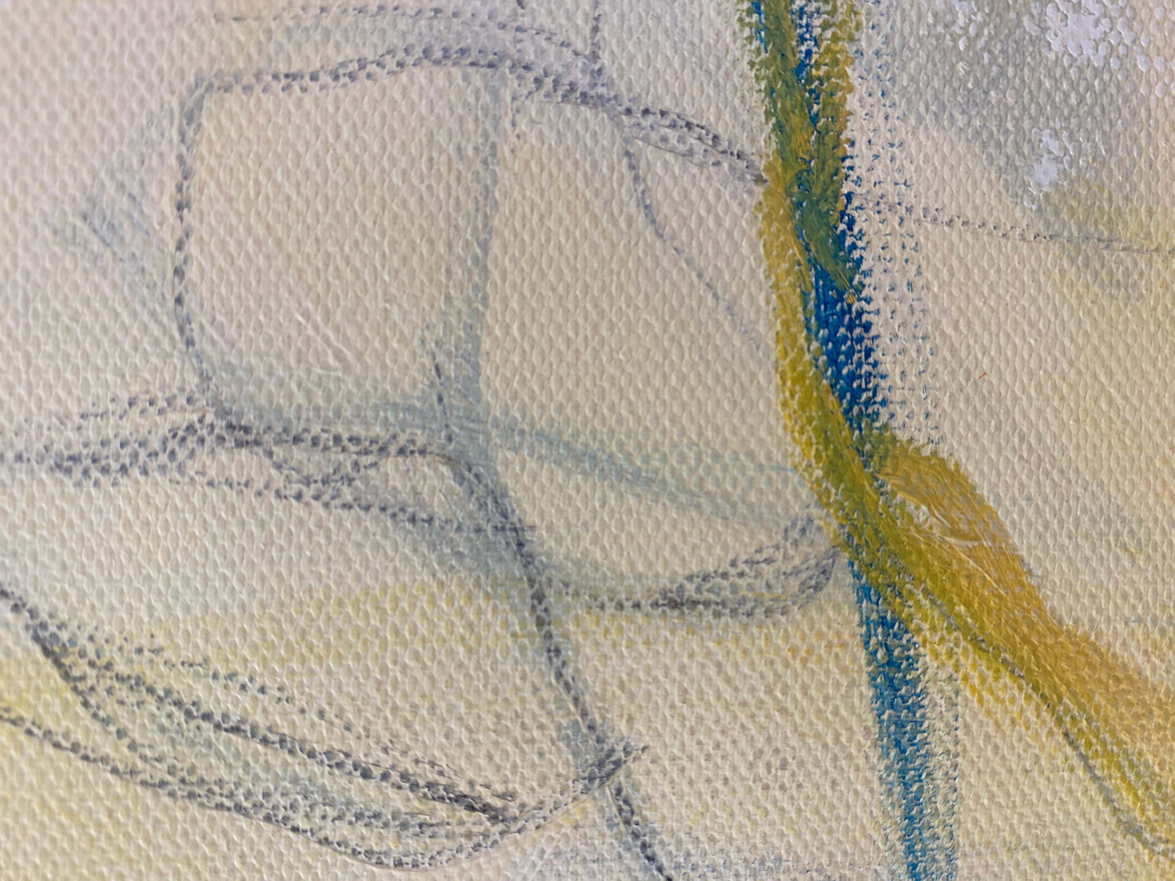 Expression gestuelle «Dividing Line » en jaune, blanc, rouge, bleu et vert - Painting de Cathy Bennigson