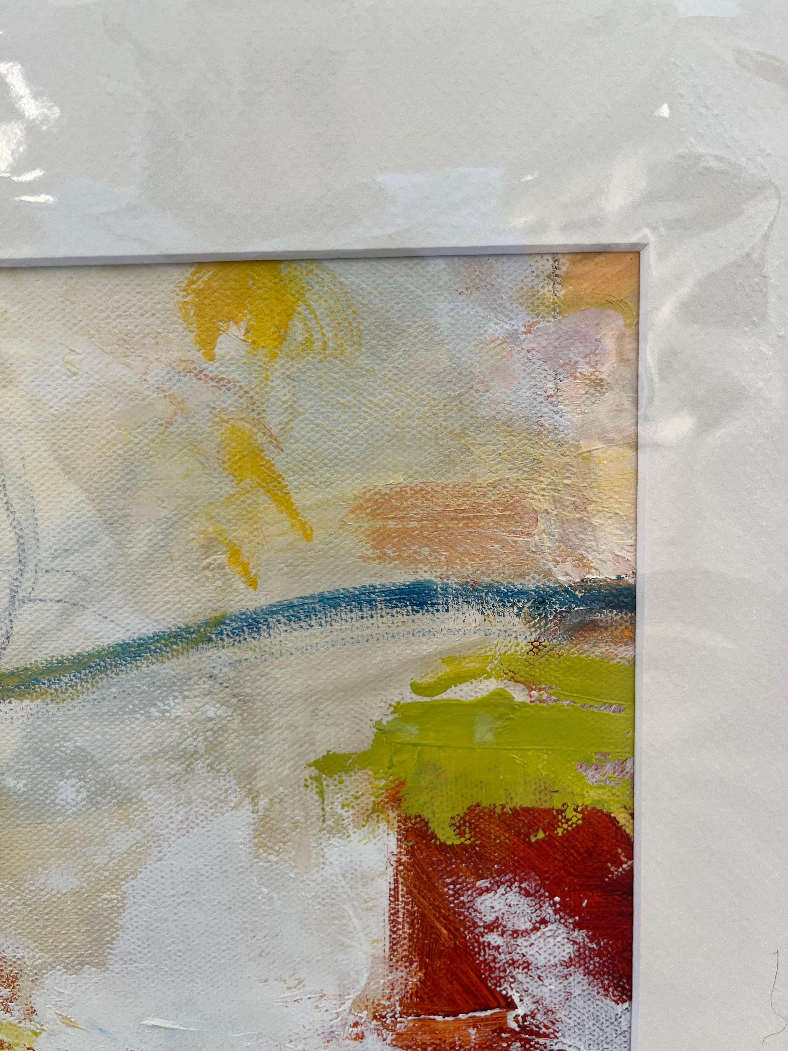 Expression gestuelle «Dividing Line » en jaune, blanc, rouge, bleu et vert - Expressionnisme abstrait Painting par Cathy Bennigson