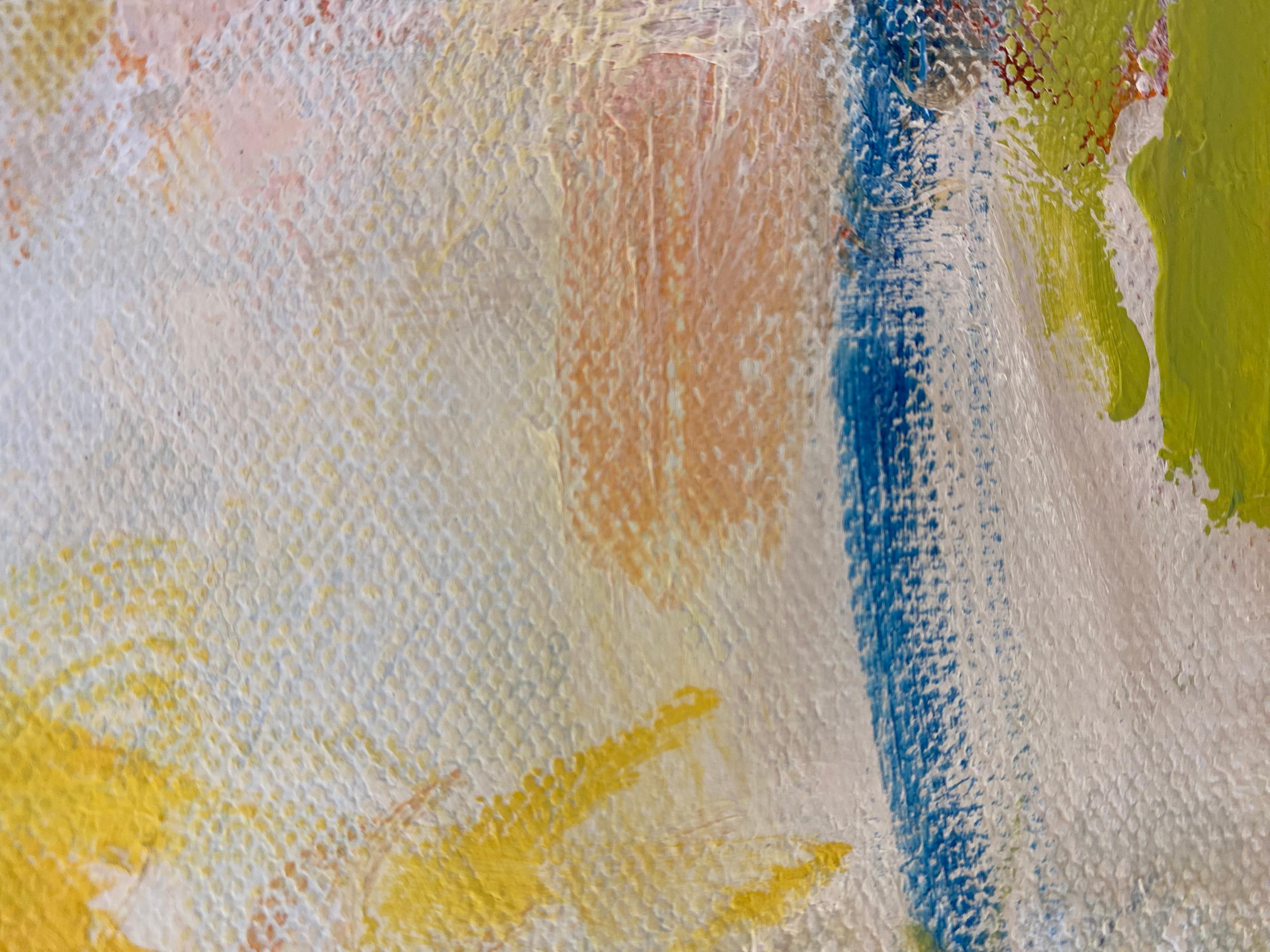 Expression gestuelle «Dividing Line » en jaune, blanc, rouge, bleu et vert - Expressionnisme abstrait Painting par Cathy Bennigson