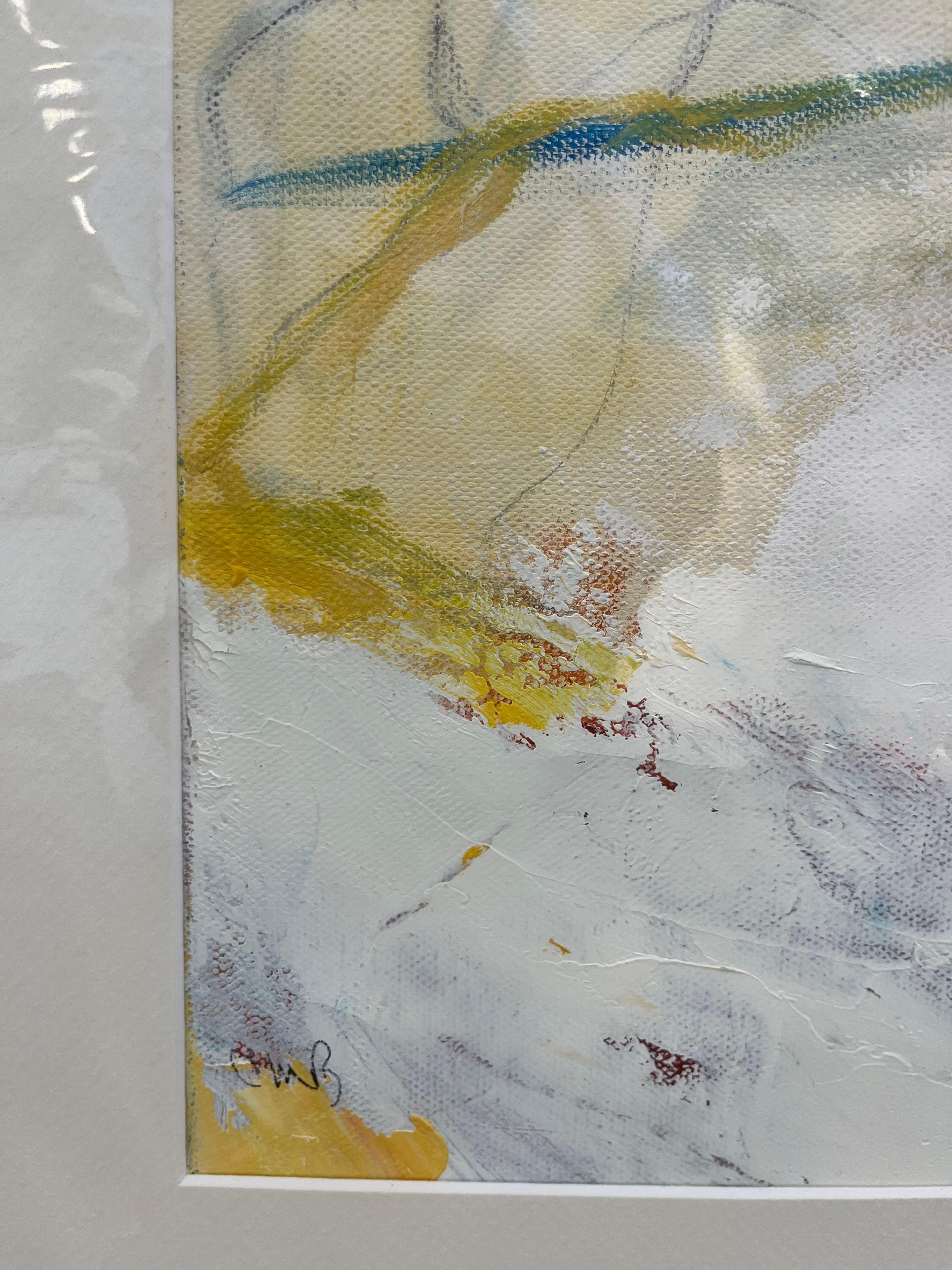 Expression gestuelle «Dividing Line » en jaune, blanc, rouge, bleu et vert - Gris Abstract Painting par Cathy Bennigson