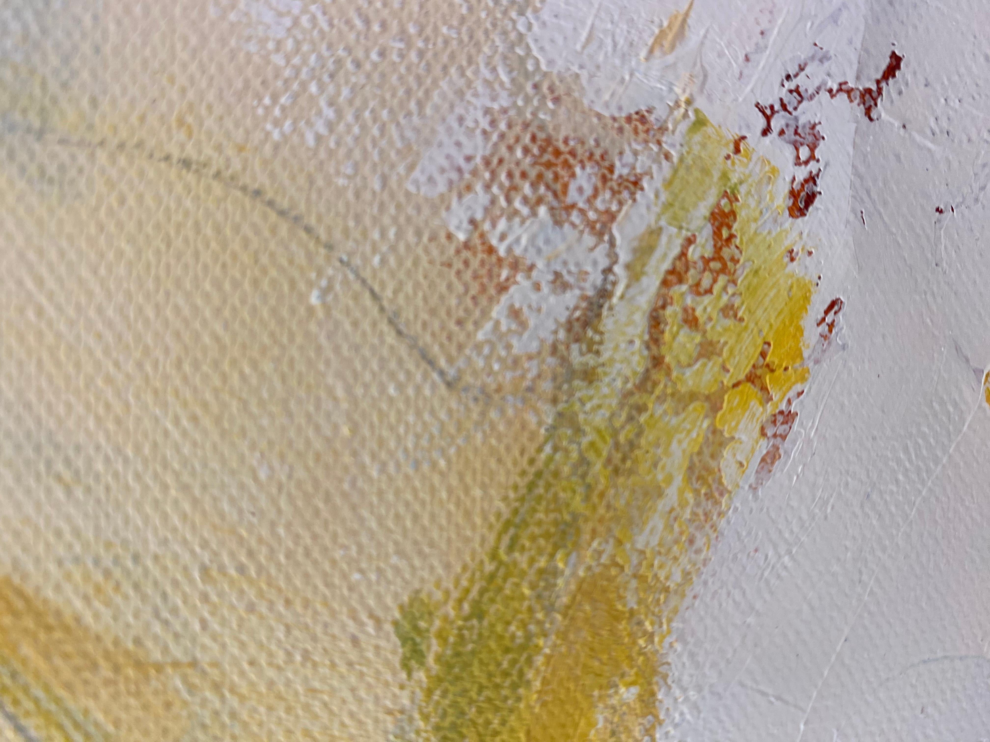 Expression gestuelle «Dividing Line » en jaune, blanc, rouge, bleu et vert - Gris Abstract Painting par Cathy Bennigson