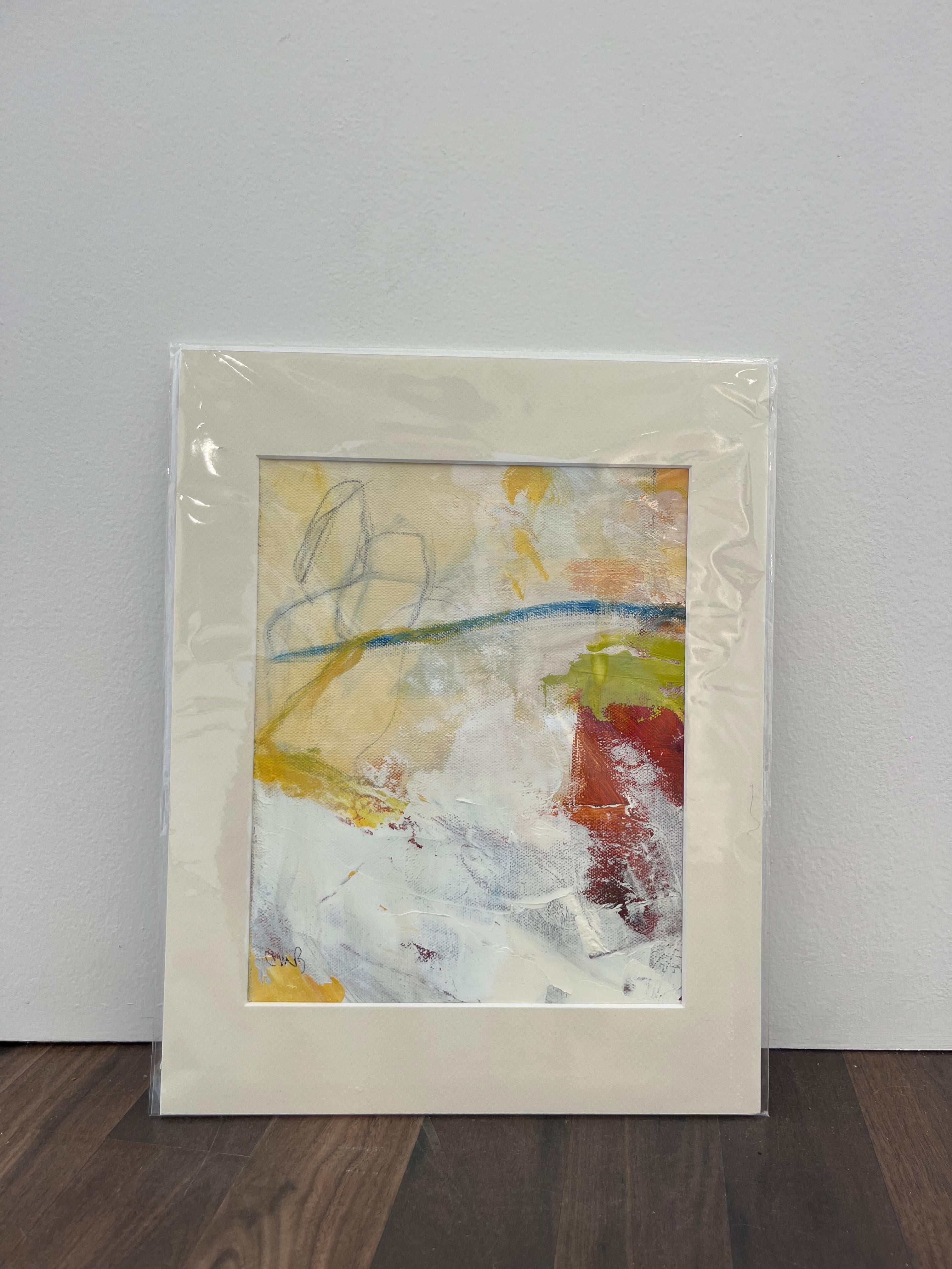 Abstract Painting Cathy Bennigson - Expression gestuelle «Dividing Line » en jaune, blanc, rouge, bleu et vert