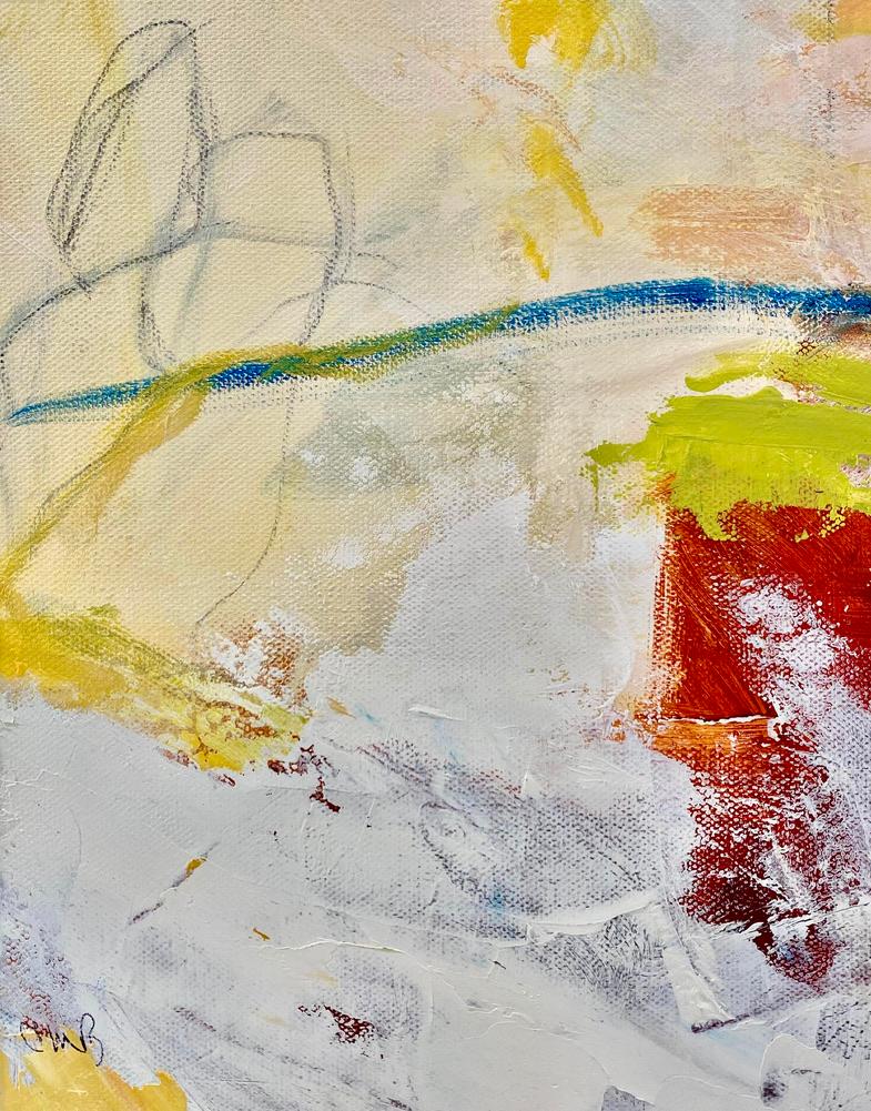 Abstract Painting Cathy Bennigson - Expression gestuelle «Dividing Line » en jaune, blanc, rouge, bleu et vert
