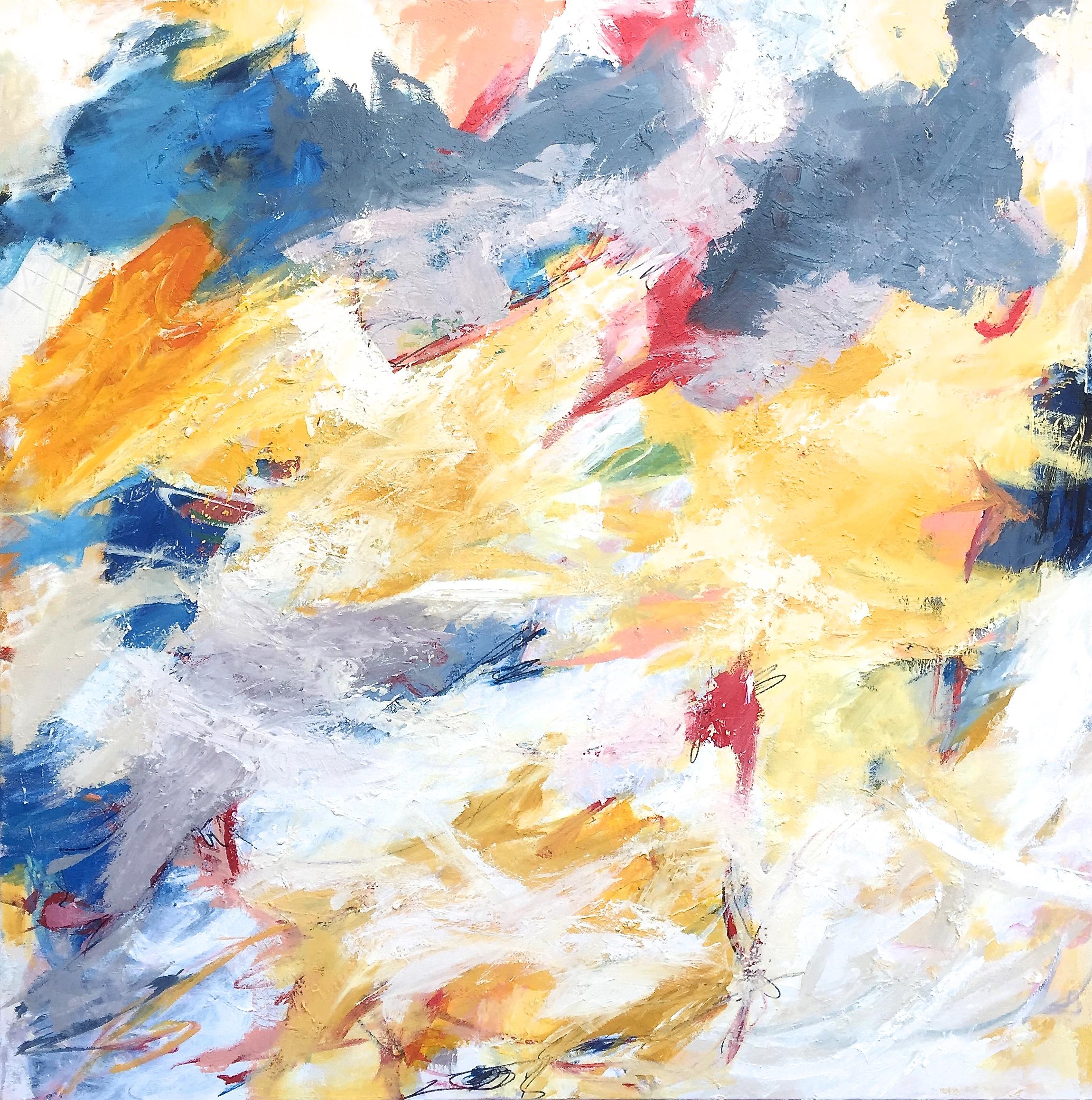 Abstract Painting Cathy Bennigson - "Either Way" - Abstraction expressionniste en blanc, bourgogne, bleu, jaune, lavande