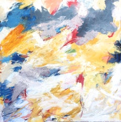 "Either Way" - Abstraction expressionniste en blanc, bourgogne, bleu, jaune, lavande