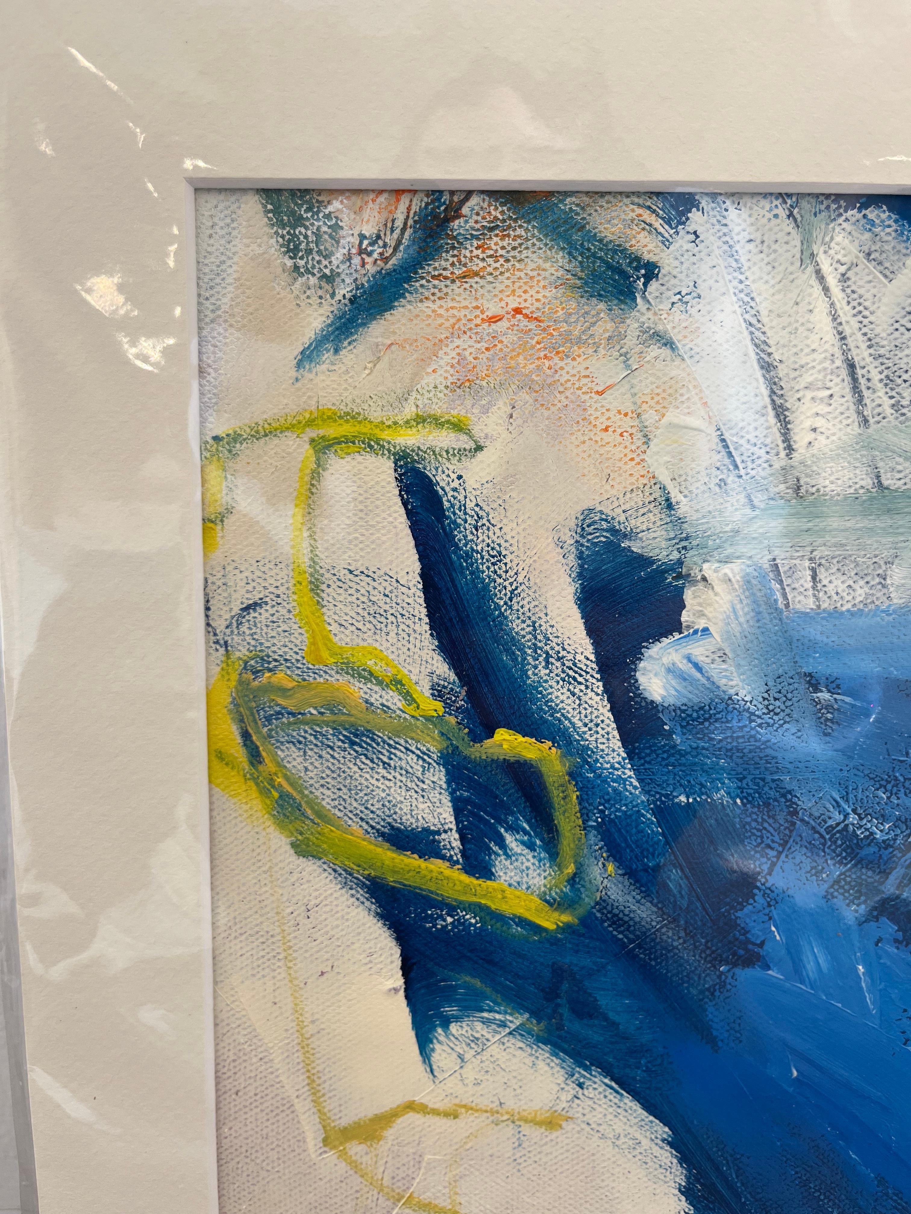 Expression gestuelle « Falling Blues » en bleu, sarcelle, jaune et blanc - Painting de Cathy Bennigson