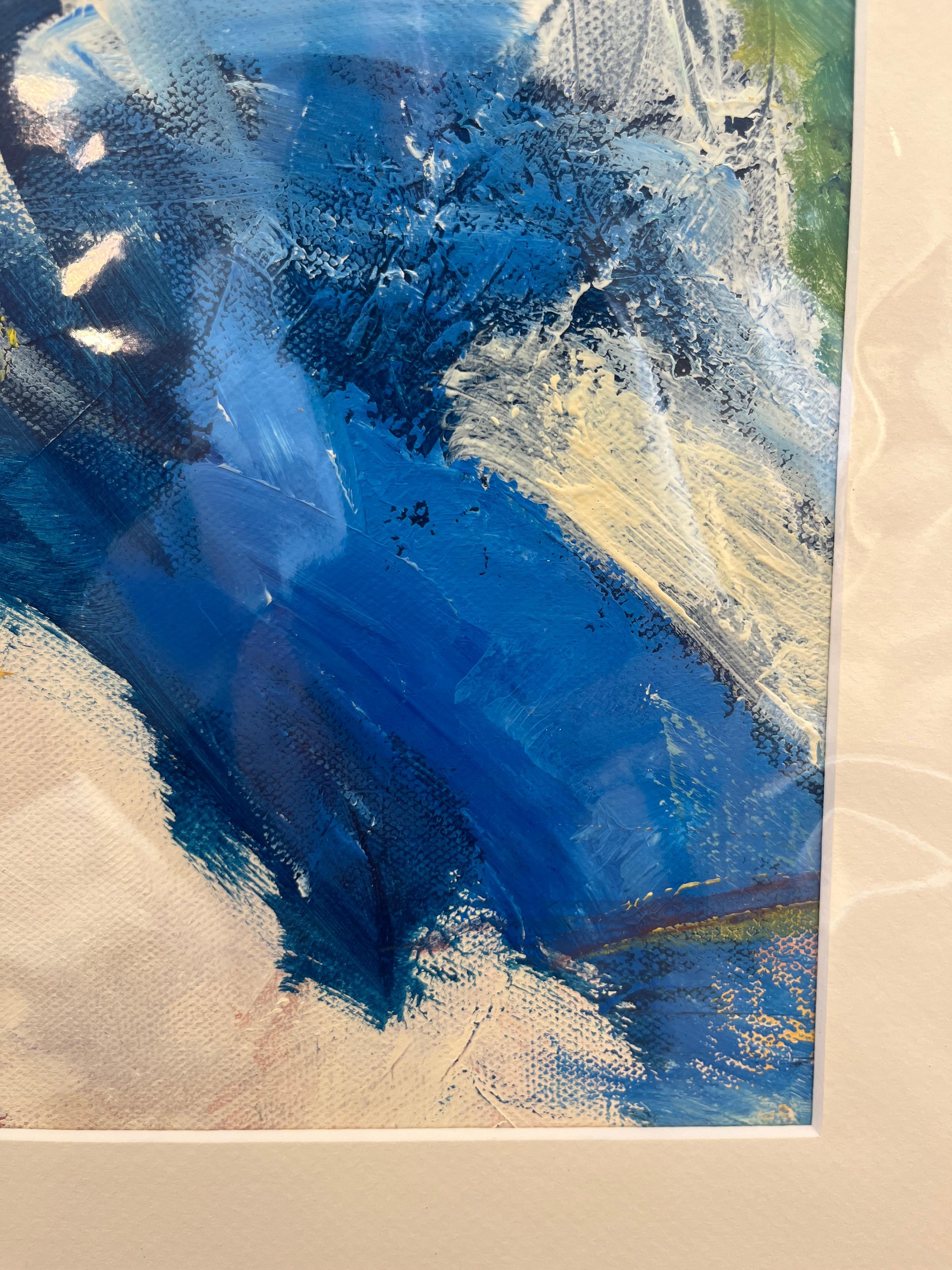 Expression gestuelle « Falling Blues » en bleu, sarcelle, jaune et blanc - Gris Abstract Painting par Cathy Bennigson