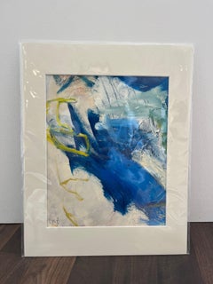 "Falling Blues" Espressione gestuale in blu, verde acqua, giallo e bianco