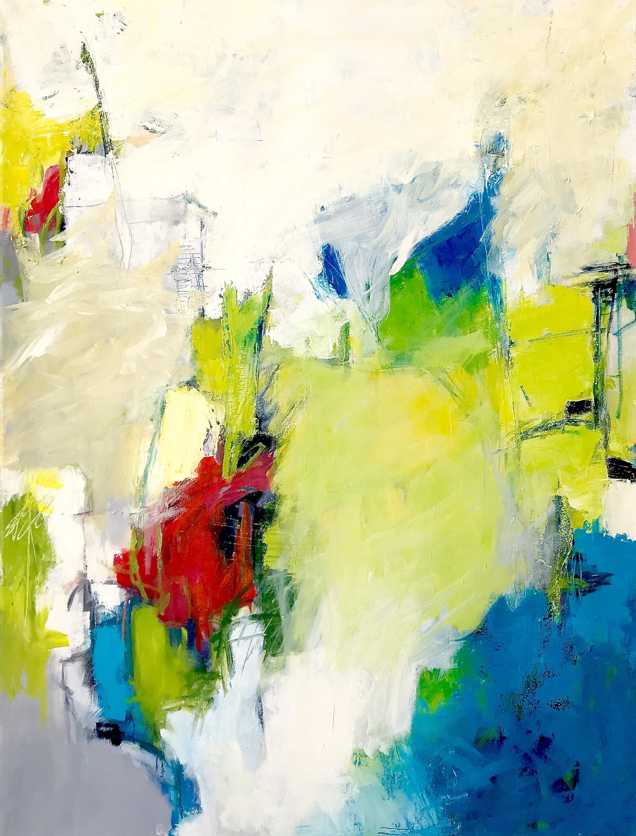 "Green Fields"  Colorful Expressionist Abstract Chartreuse, White, Turquoise