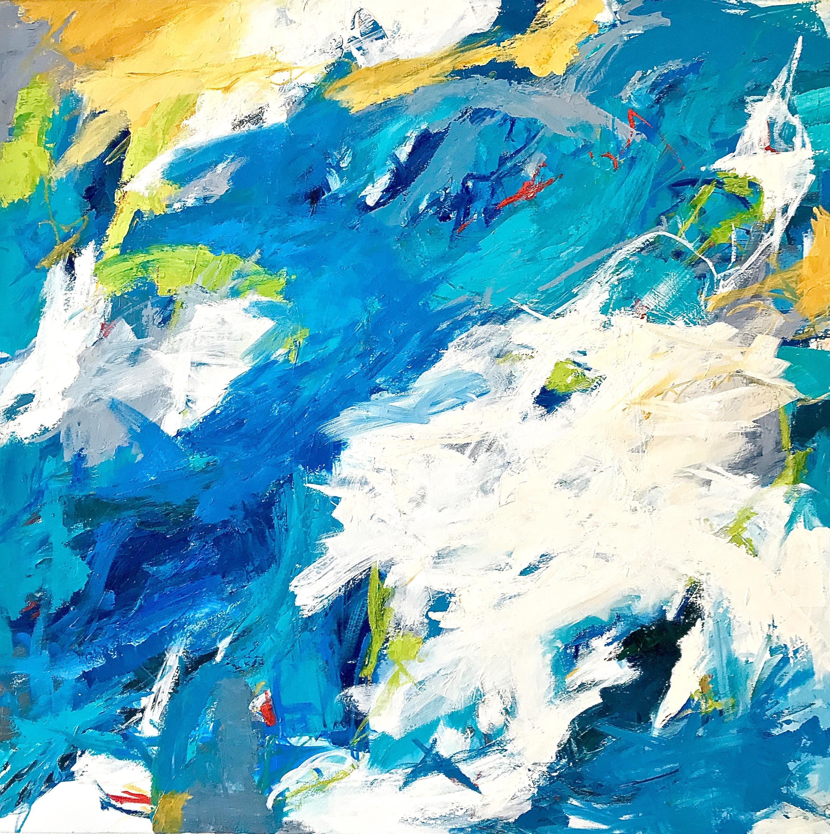Cathy Bennigson Abstract Painting - "Gulf Stream Waters"  Large Colorful Expressionist Abstraction Blues/Green/White