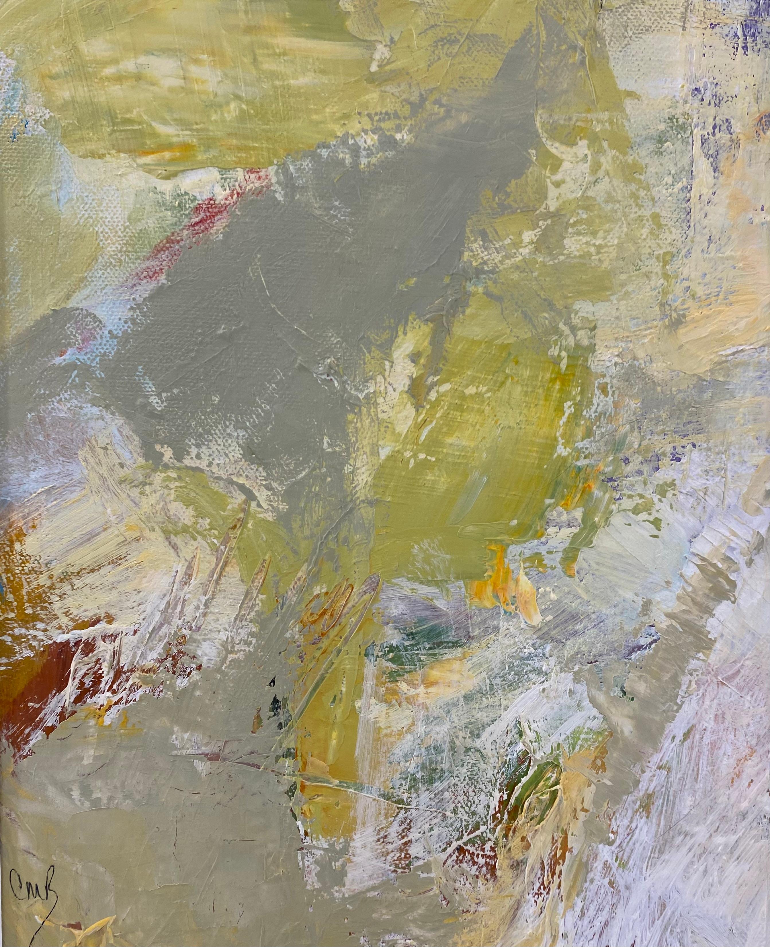 Abstract Painting Cathy Bennigson - "Meadows" Expression gestuelle en jaune, vert et Brown