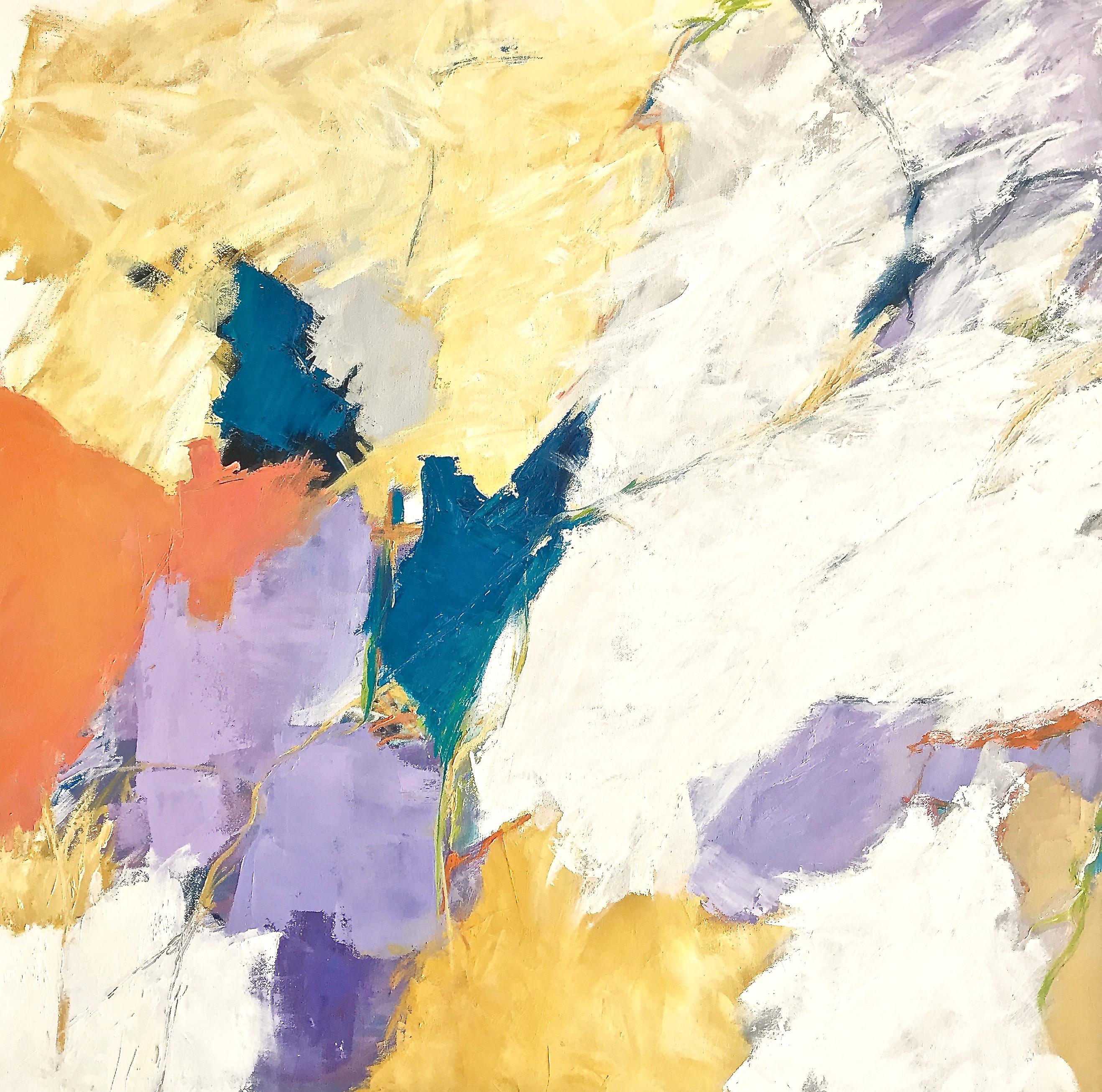 Abstract Painting Cathy Bennigson - ""Nouveaux départs""  Expressionniste abstrait ptg. en orange, thé, lavande, blanc et noir