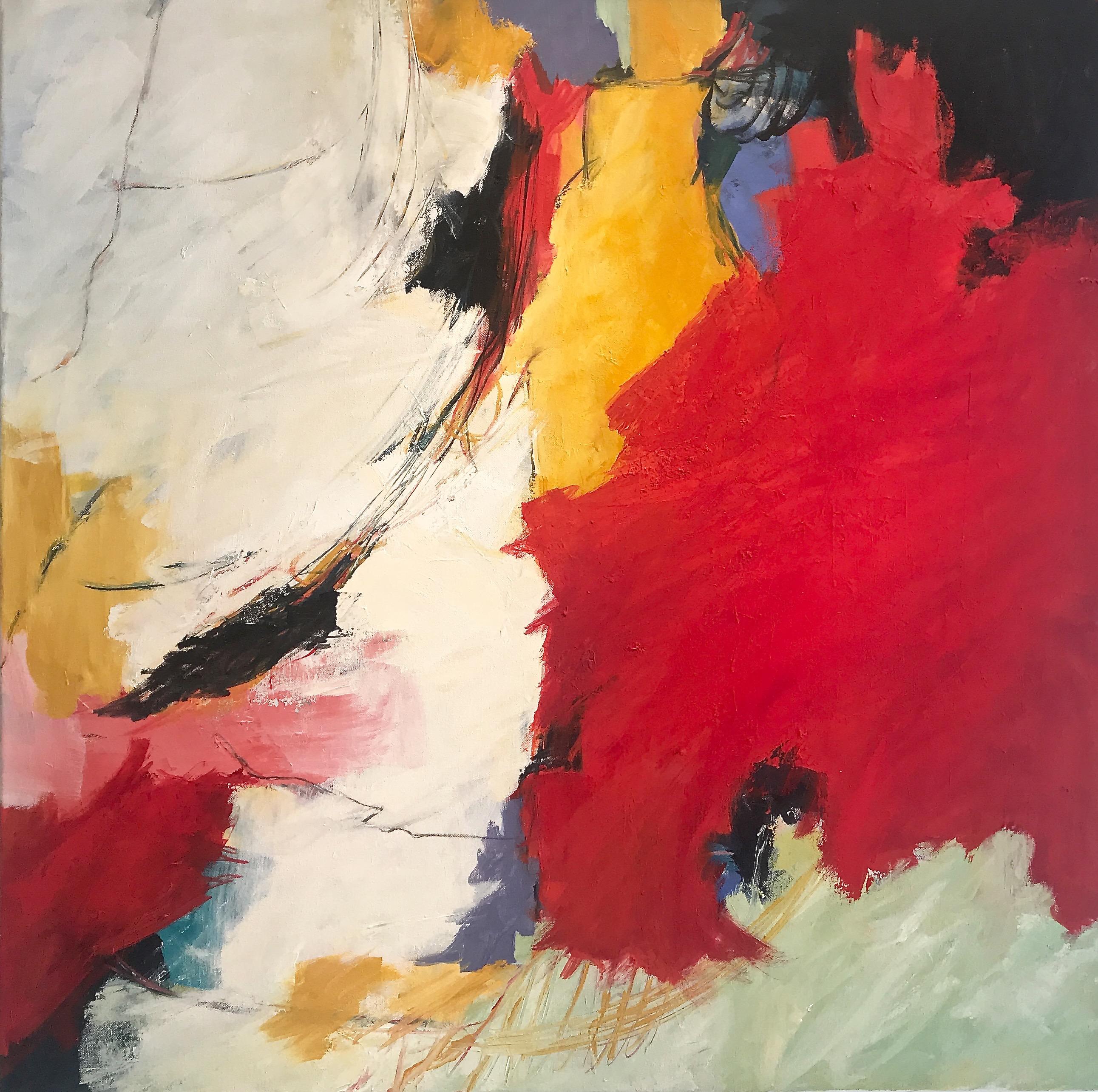 Abstract Painting Cathy Bennigson - "Ode to Connections"  Expressionniste abstrait rouge, blanc, noir, ocre jaune, Ptg.