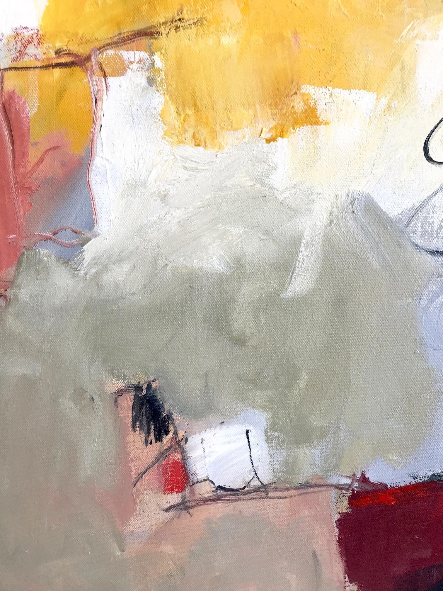 « Out of Chaos » - Expressionniste abstrait Ptg Noir/Blanc/Burgundy/Jaune Ocre/Blanc - Beige Abstract Painting par Cathy Bennigson