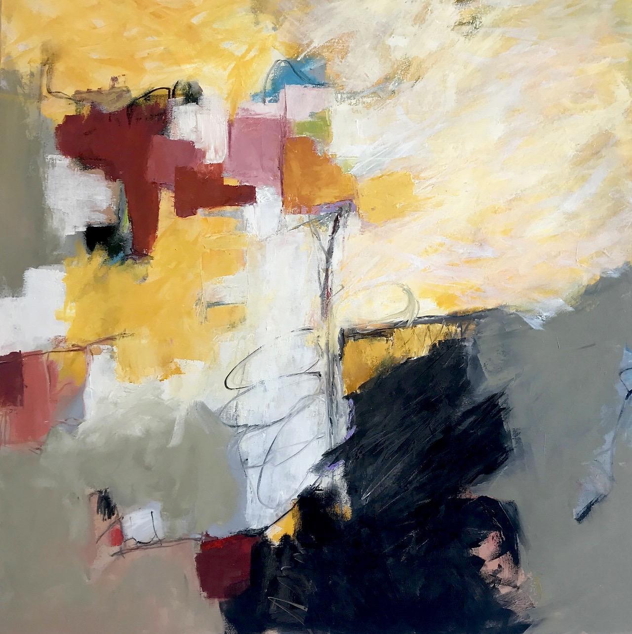 Abstract Painting Cathy Bennigson - « Out of Chaos » - Expressionniste abstrait Ptg Noir/Blanc/Burgundy/Jaune Ocre/Blanc