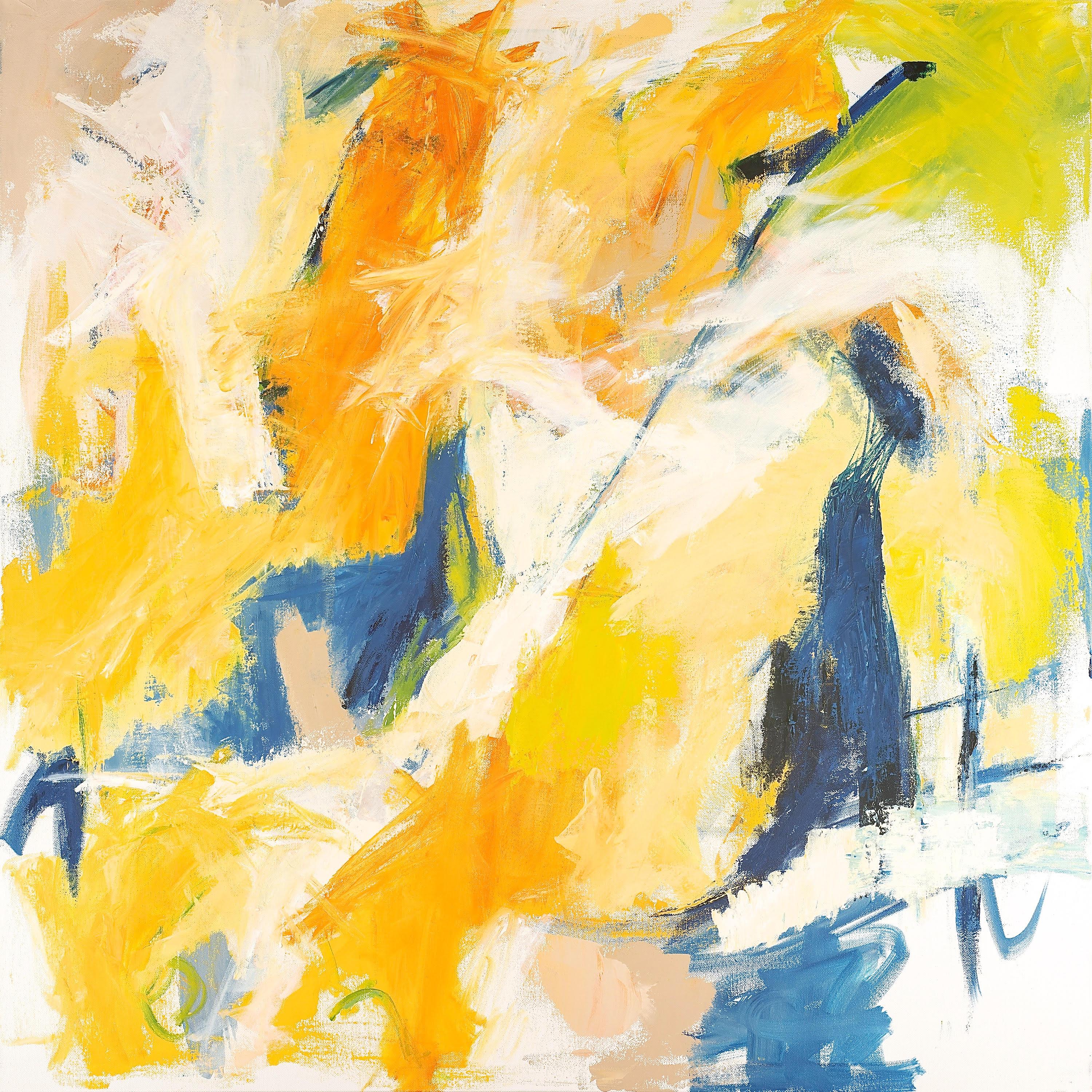 Cathy Bennigson Abstract Painting - "Peaches and Pears" Abstraction in Yellow, White, Blue, Chartreuse, Blue, Black