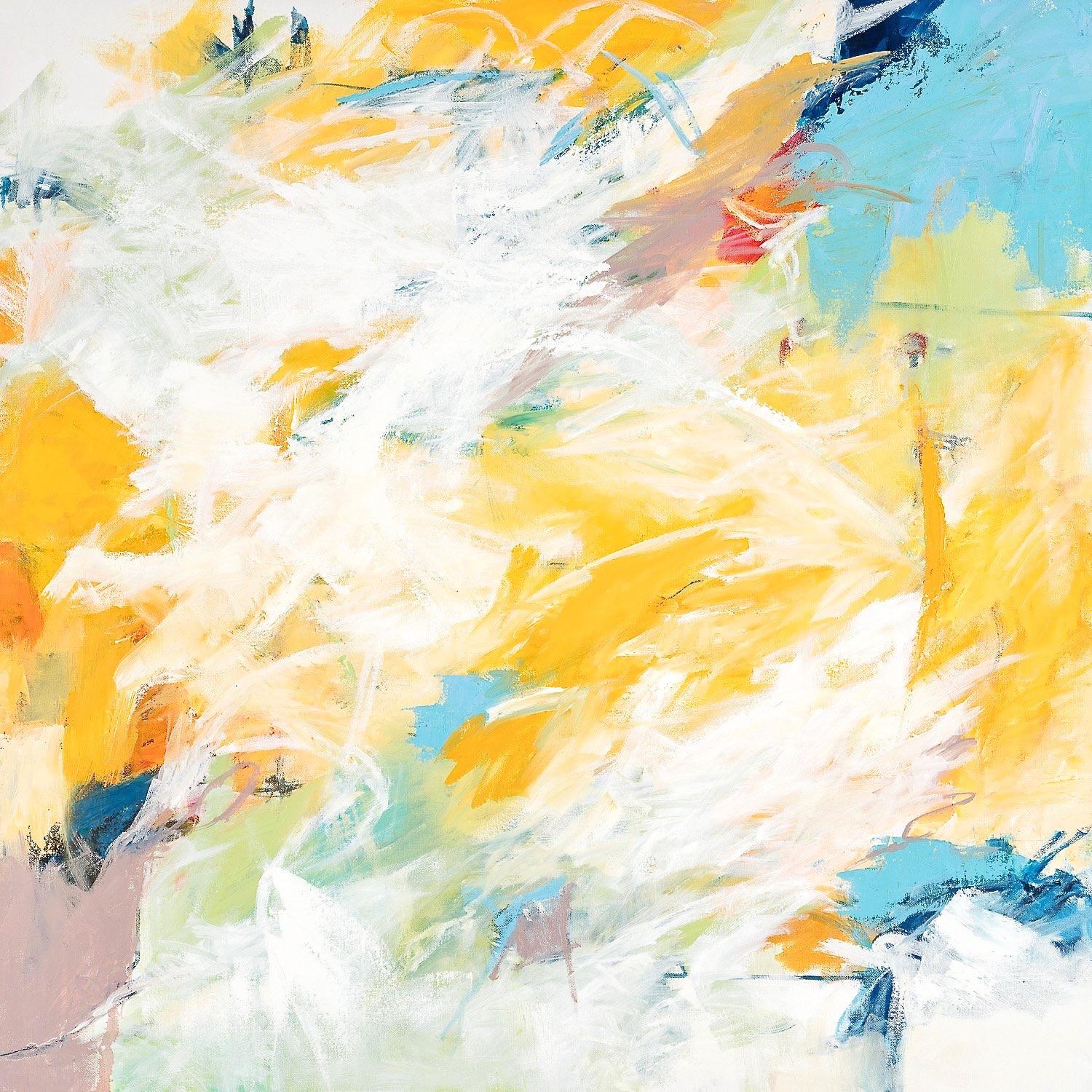 "Pools of Blue" Gestural Abstraction in Blue, White, Yellow, Orange and Black
