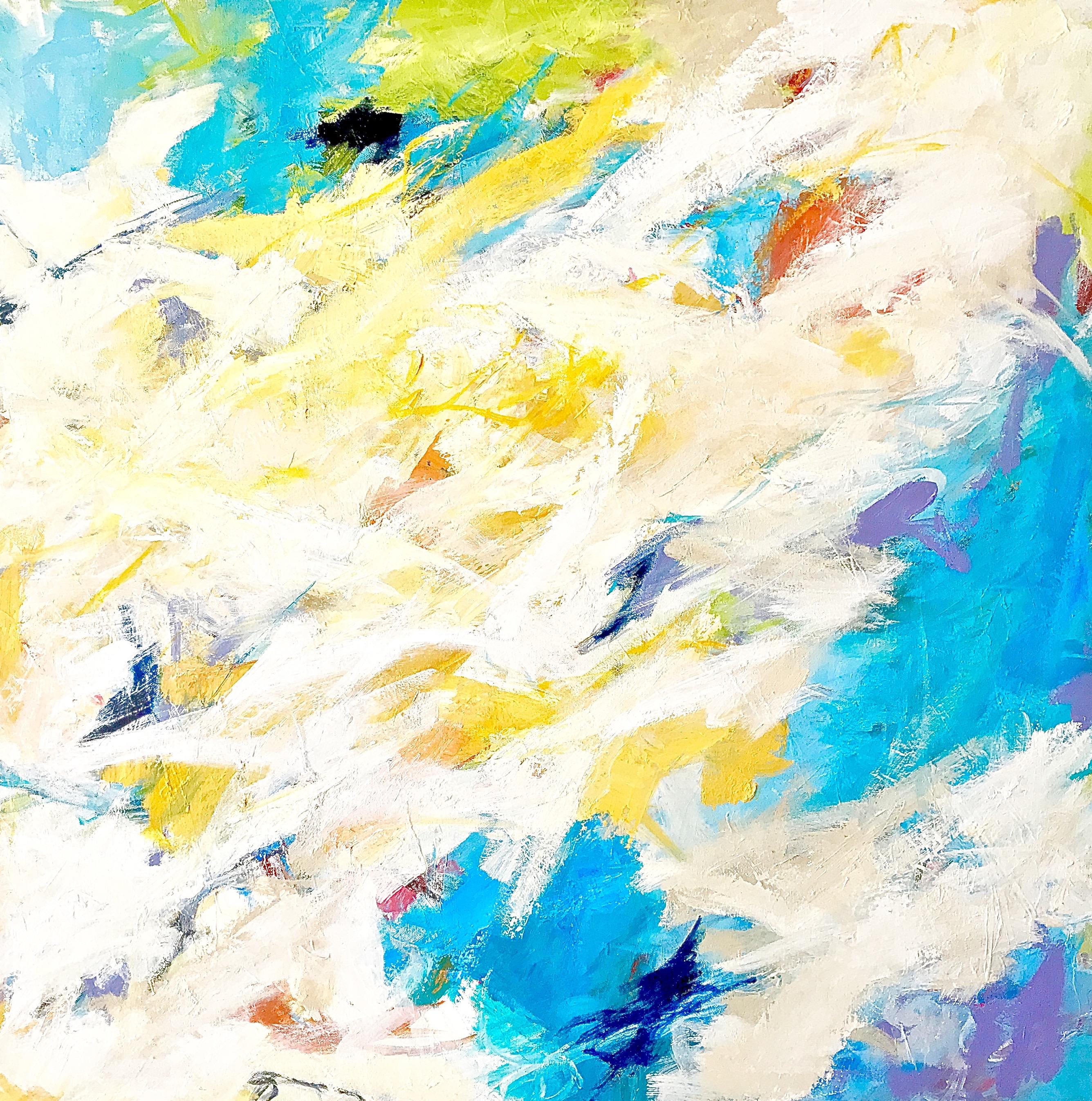 Cathy Bennigson Abstract Painting - "Splash " Colorful Expressionist Ptg White/Turquoise/Chartreuse/ Orange/Lavender