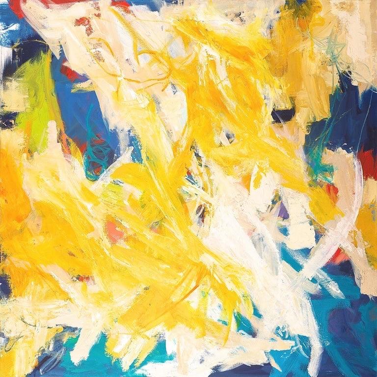 Cathy Bennigson Abstract Painting - "Squiggles" Expressionist Abstraction in Yellow, White, Blue, Chartreuse and Red