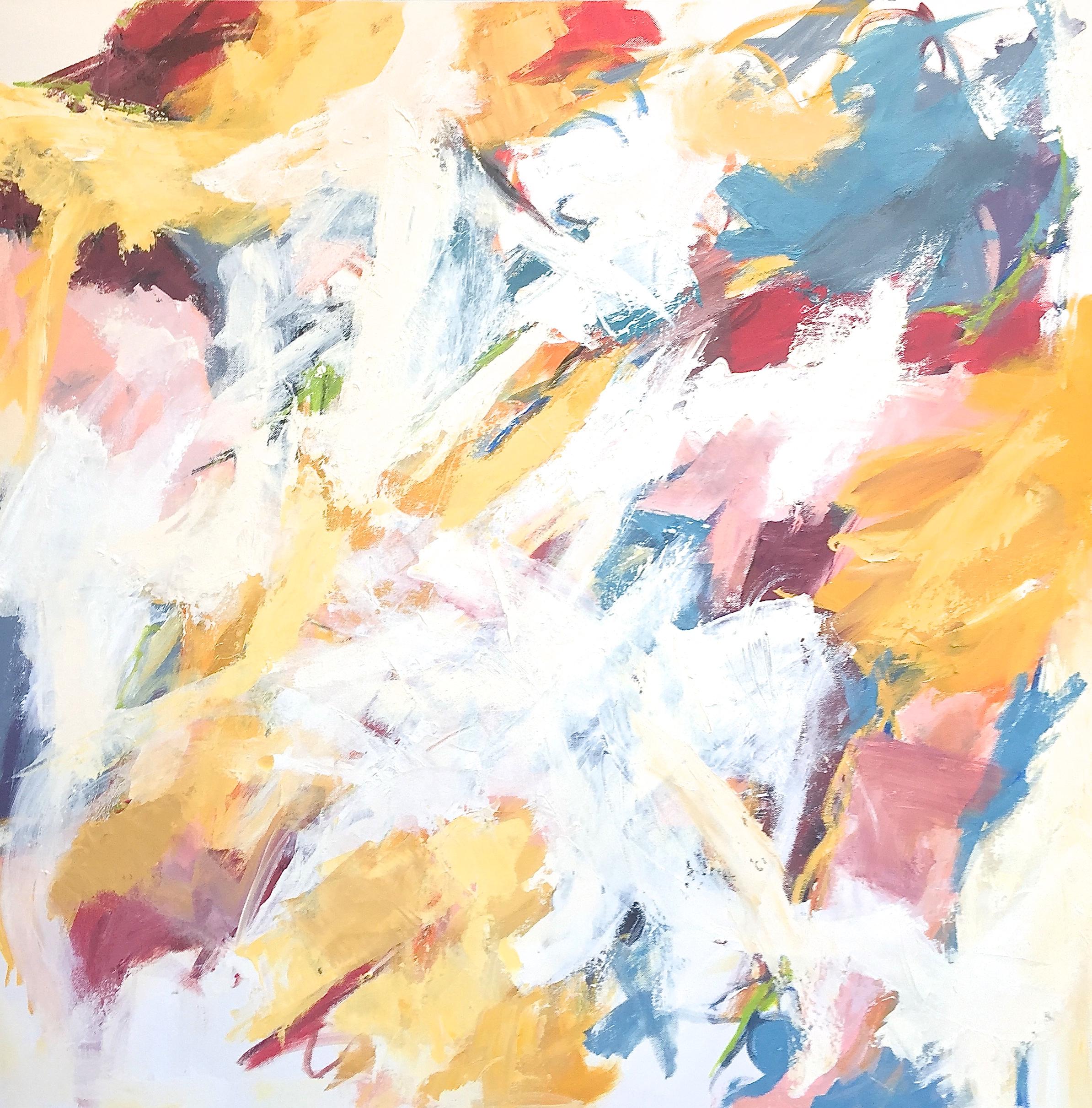 Abstract Painting di Cathy Bennigson - "Campi di fragole per sempre" Astrazione Bianco, Borgogna, Blu/Grigio, Giallo Ocra