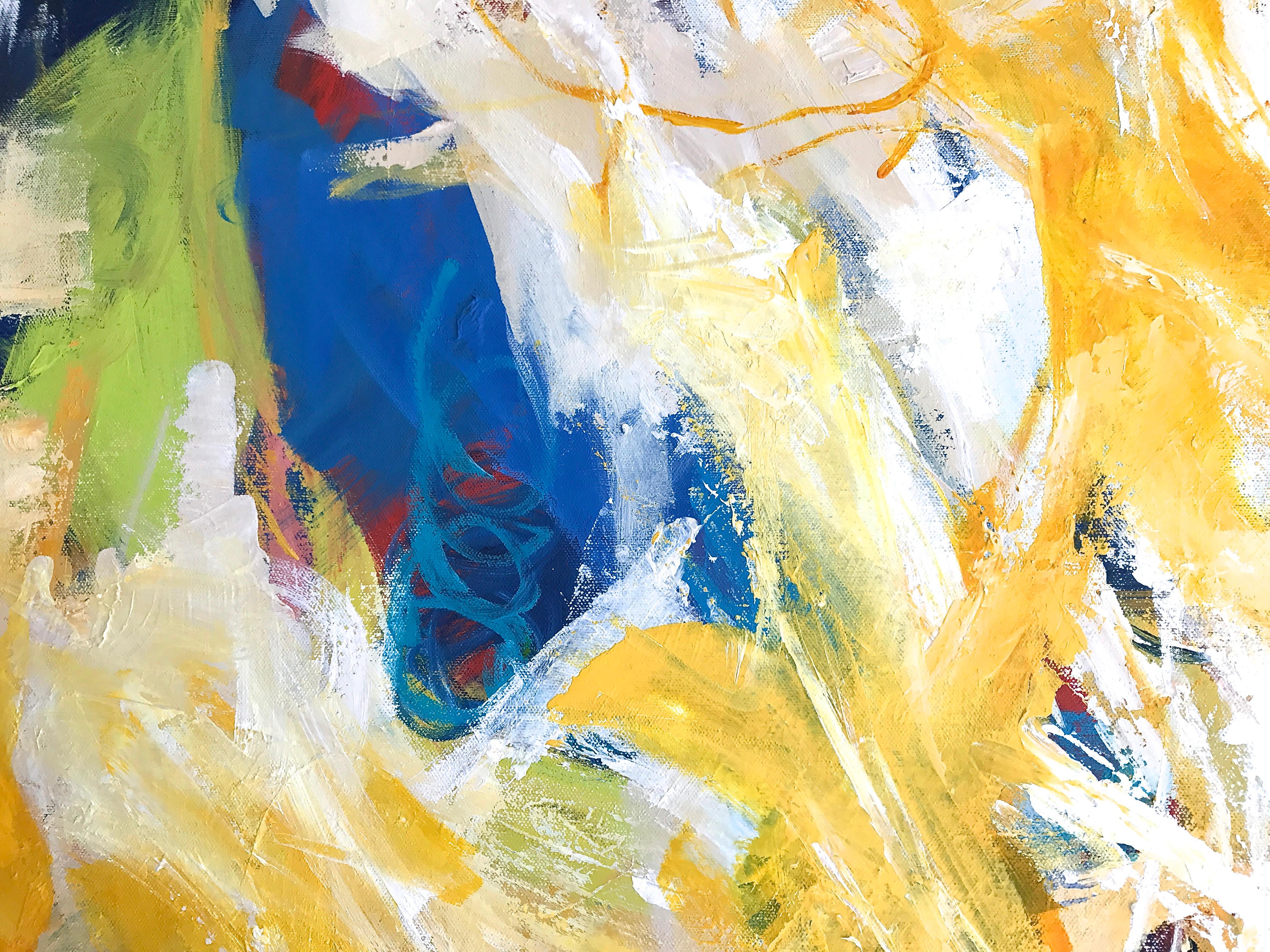 Abstraction expressionniste « Scoggles » en jaune, blanc, bleu, chartreuse et rouge - Painting de Cathy Bennigson