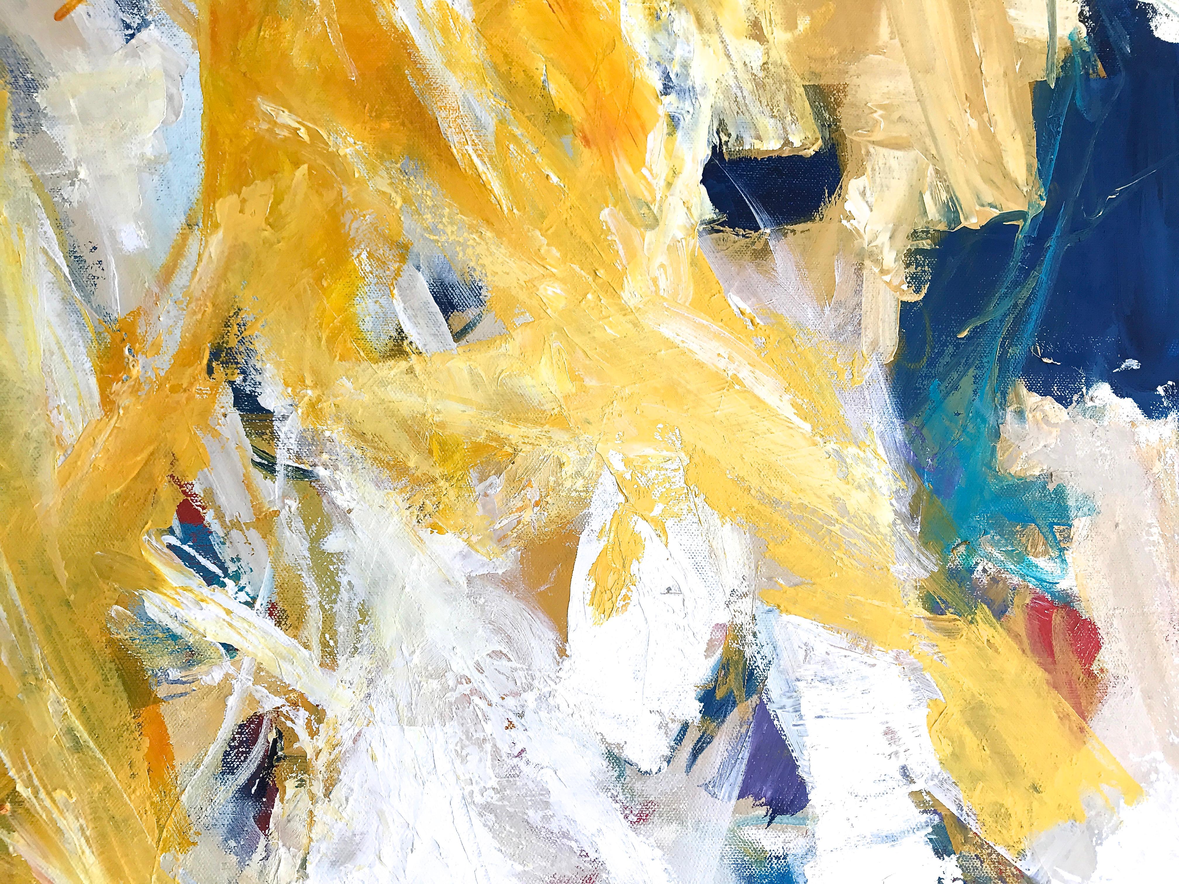 Abstraction expressionniste « Scoggles » en jaune, blanc, bleu, chartreuse et rouge - Expressionnisme abstrait Painting par Cathy Bennigson