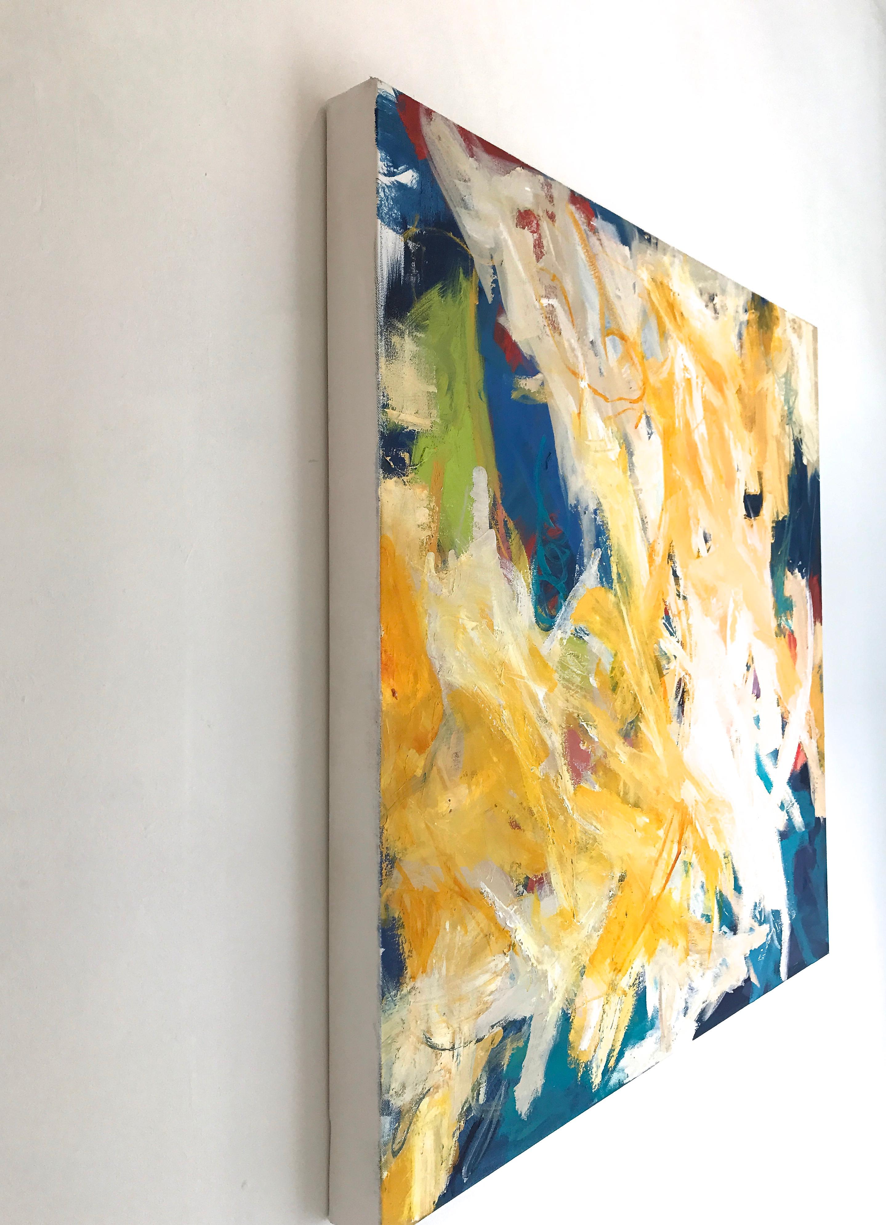 Abstraction expressionniste « Scoggles » en jaune, blanc, bleu, chartreuse et rouge - Vert Abstract Painting par Cathy Bennigson