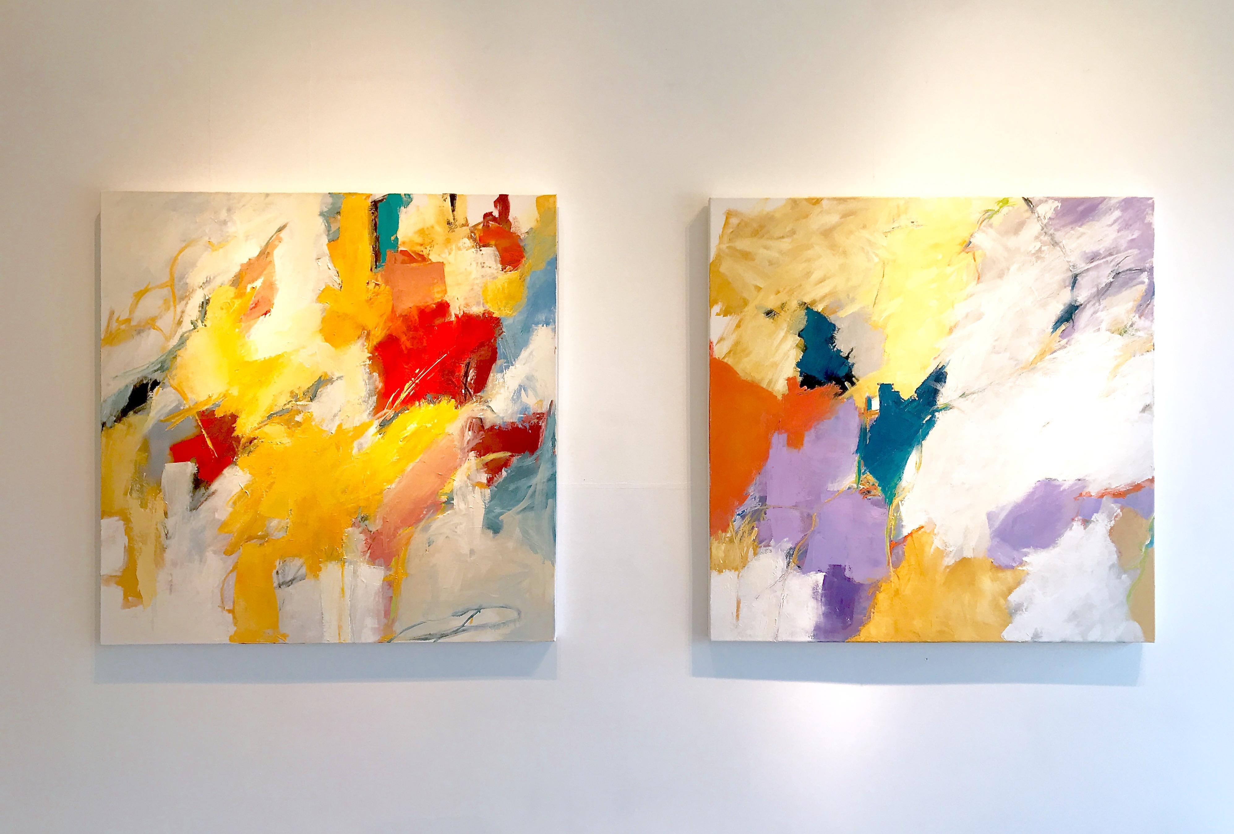 « Sunday Splash », expressionniste abstrait rouge/jaune/bleu/blanc/gris/noir/turquoise - Orange Abstract Painting par Cathy Bennigson