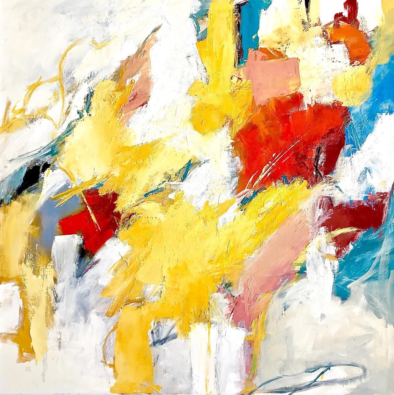 Abstract Painting Cathy Bennigson - « Sunday Splash », expressionniste abstrait rouge/jaune/bleu/blanc/gris/noir/turquoise