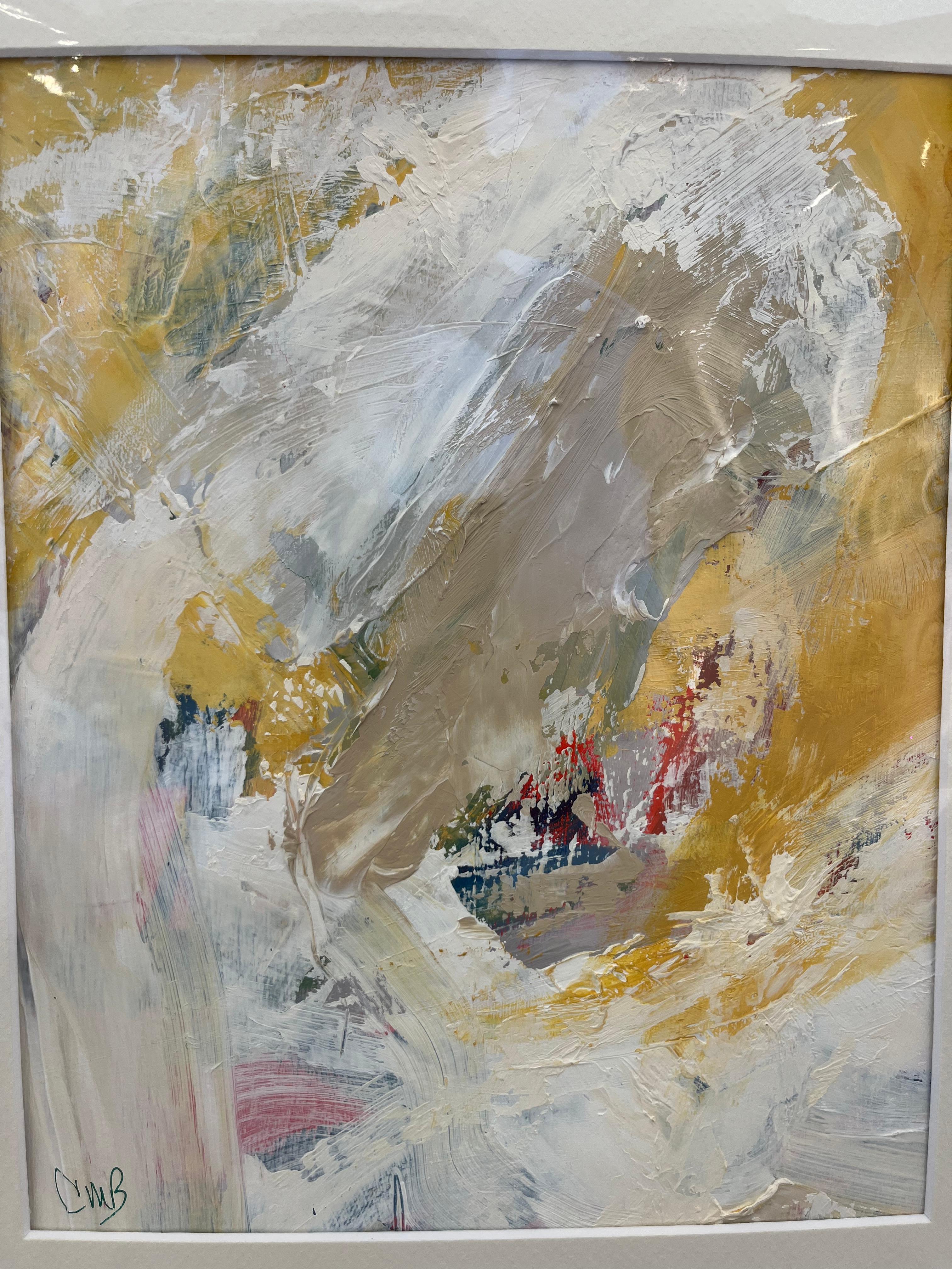Expression gestuelle « Swirls II » en blanc, jaune, beige, bleu et rouge - Painting de Cathy Bennigson