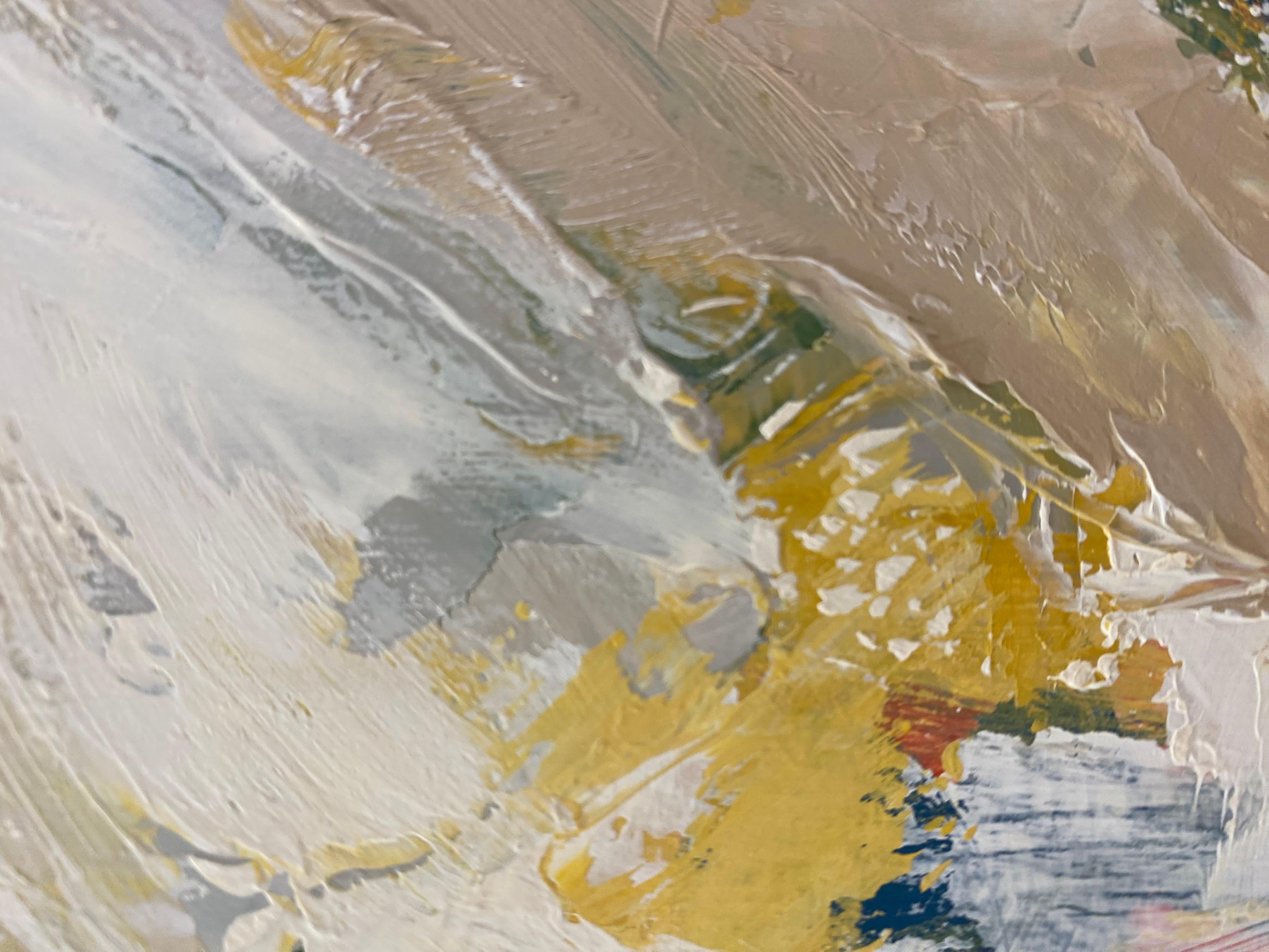 Expression gestuelle « Swirls II » en blanc, jaune, beige, bleu et rouge - Expressionnisme abstrait Painting par Cathy Bennigson