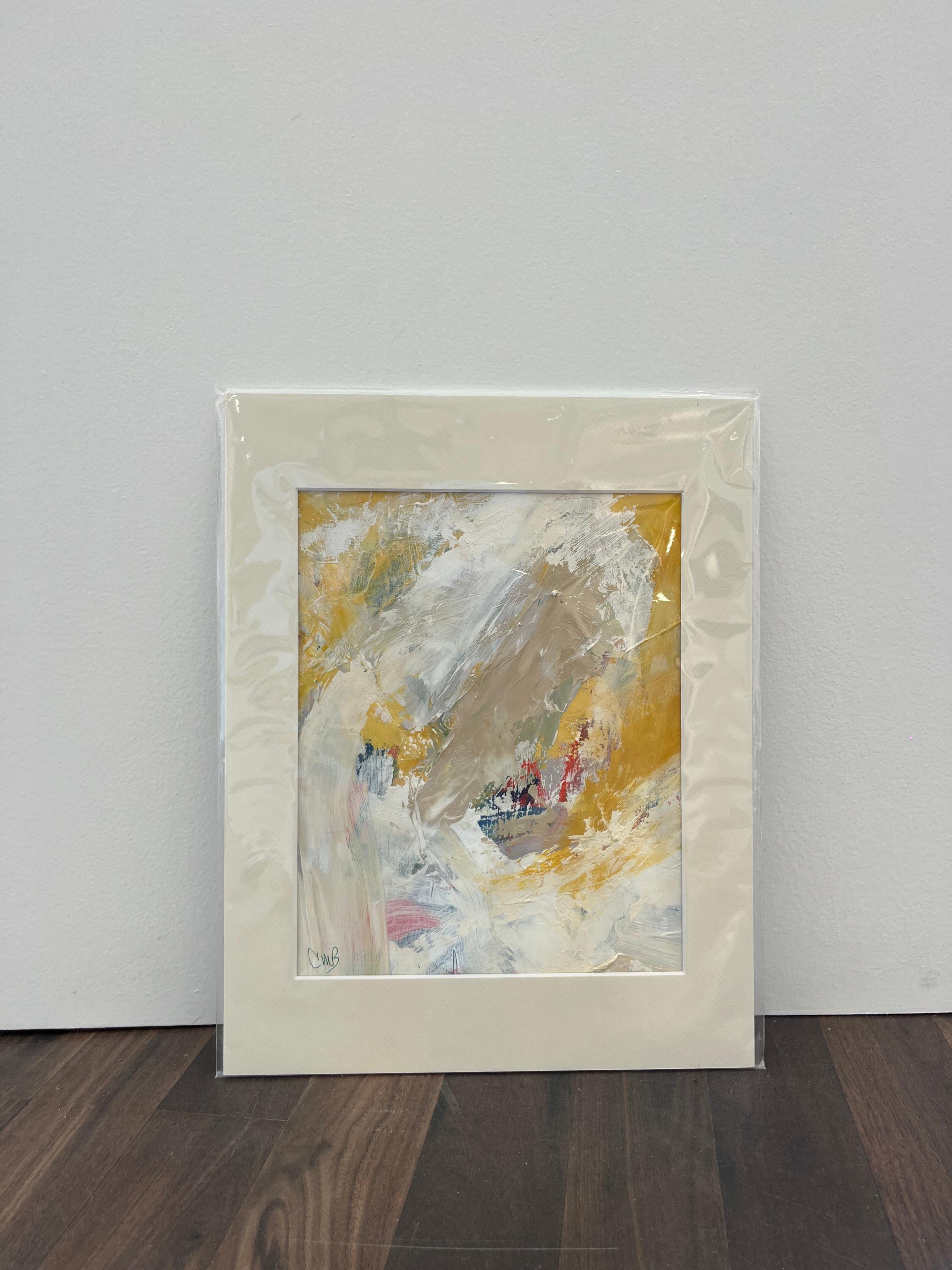 Abstract Painting Cathy Bennigson - Expression gestuelle « Swirls II » en blanc, jaune, beige, bleu et rouge