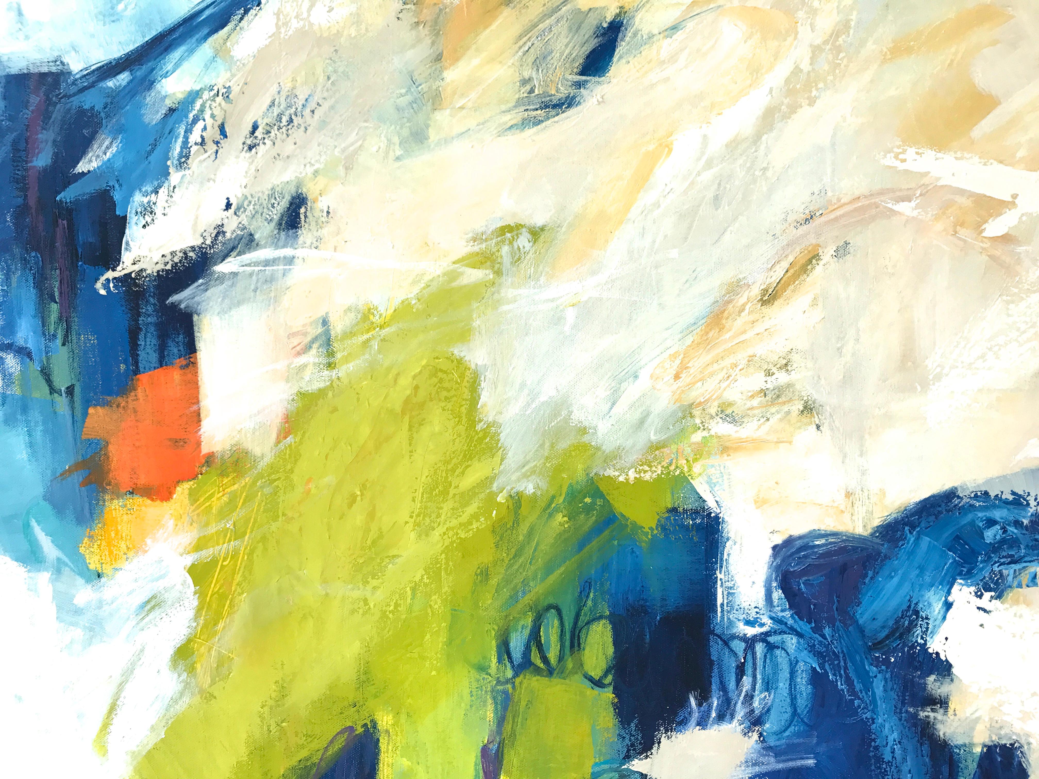 « Trois violets »  Abstraction blanche, jaune, violette, bleue, chartreuse, orange - Painting de Cathy Bennigson