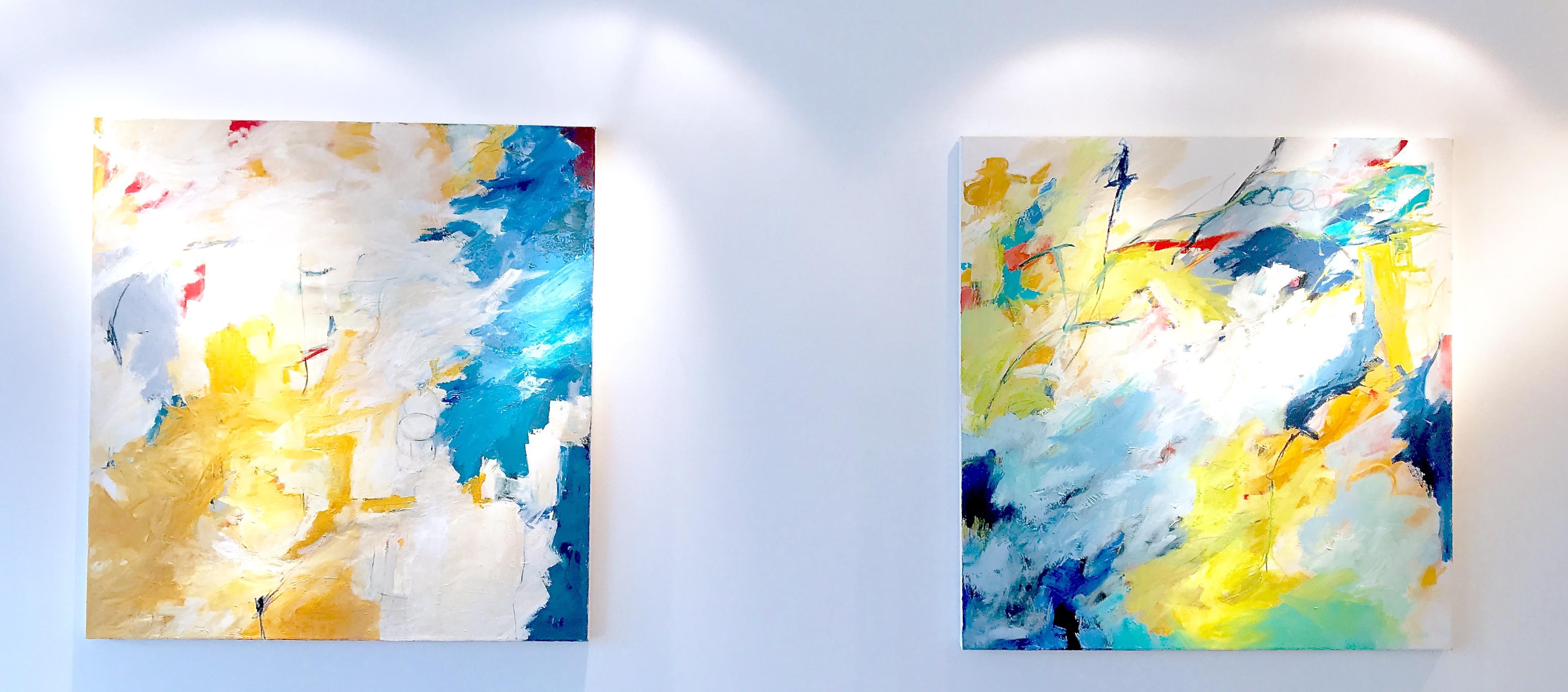 
Serene Abstract Expressionist painting with lovely light in white, blue, lavender, yellow, red and black.

