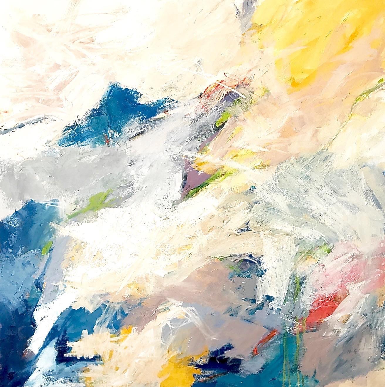 Cathy Bennigson Abstract Painting - "Tranquility" Abtsract Expressionist Ptg.  White/Lavender/Blue/Yellow/Red/Black