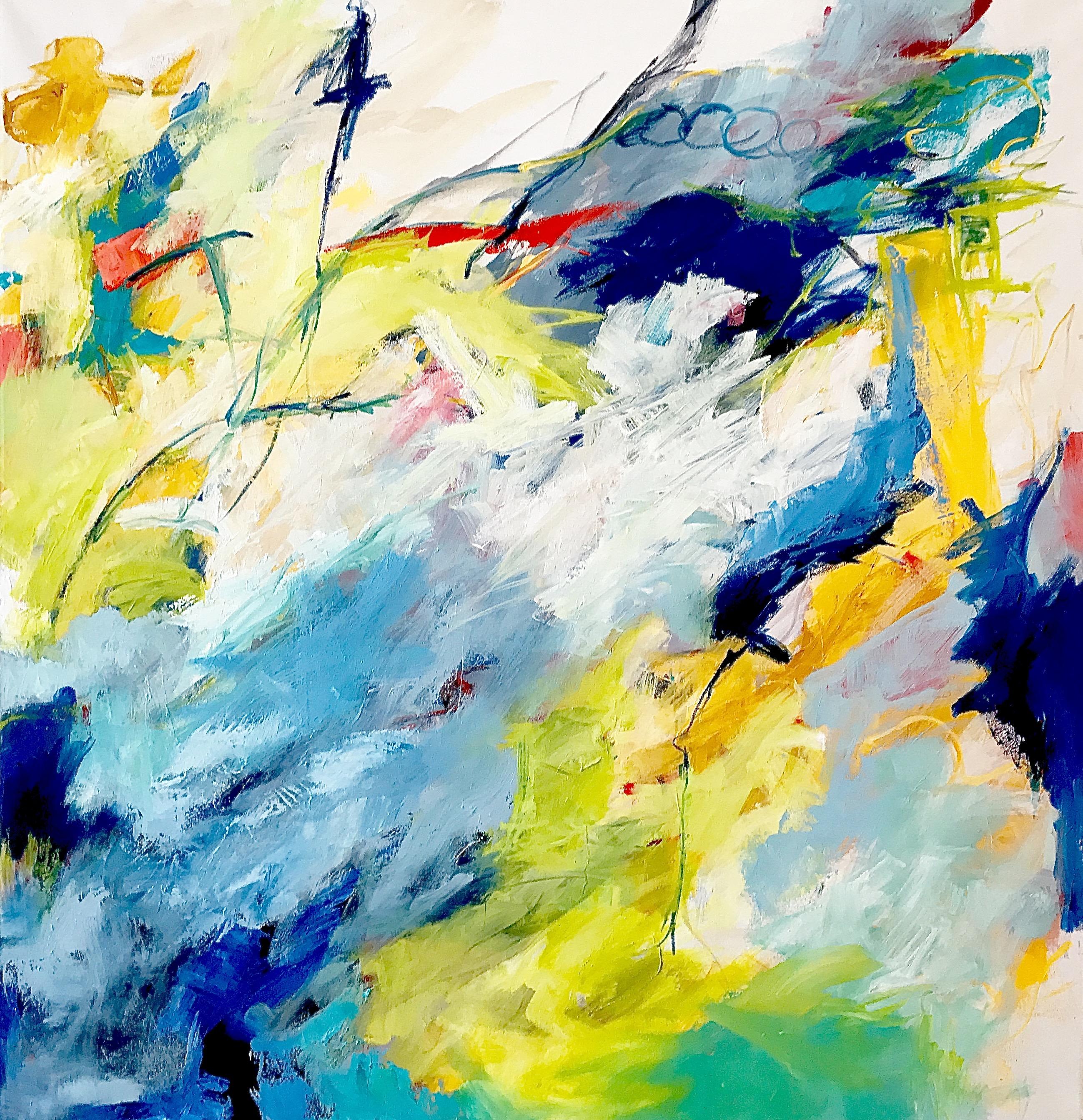 « T's and O's »  Grand ouvrage expressionniste aux couleurs vives, en bleu/chartreuse/rouge - Painting de Cathy Bennigson