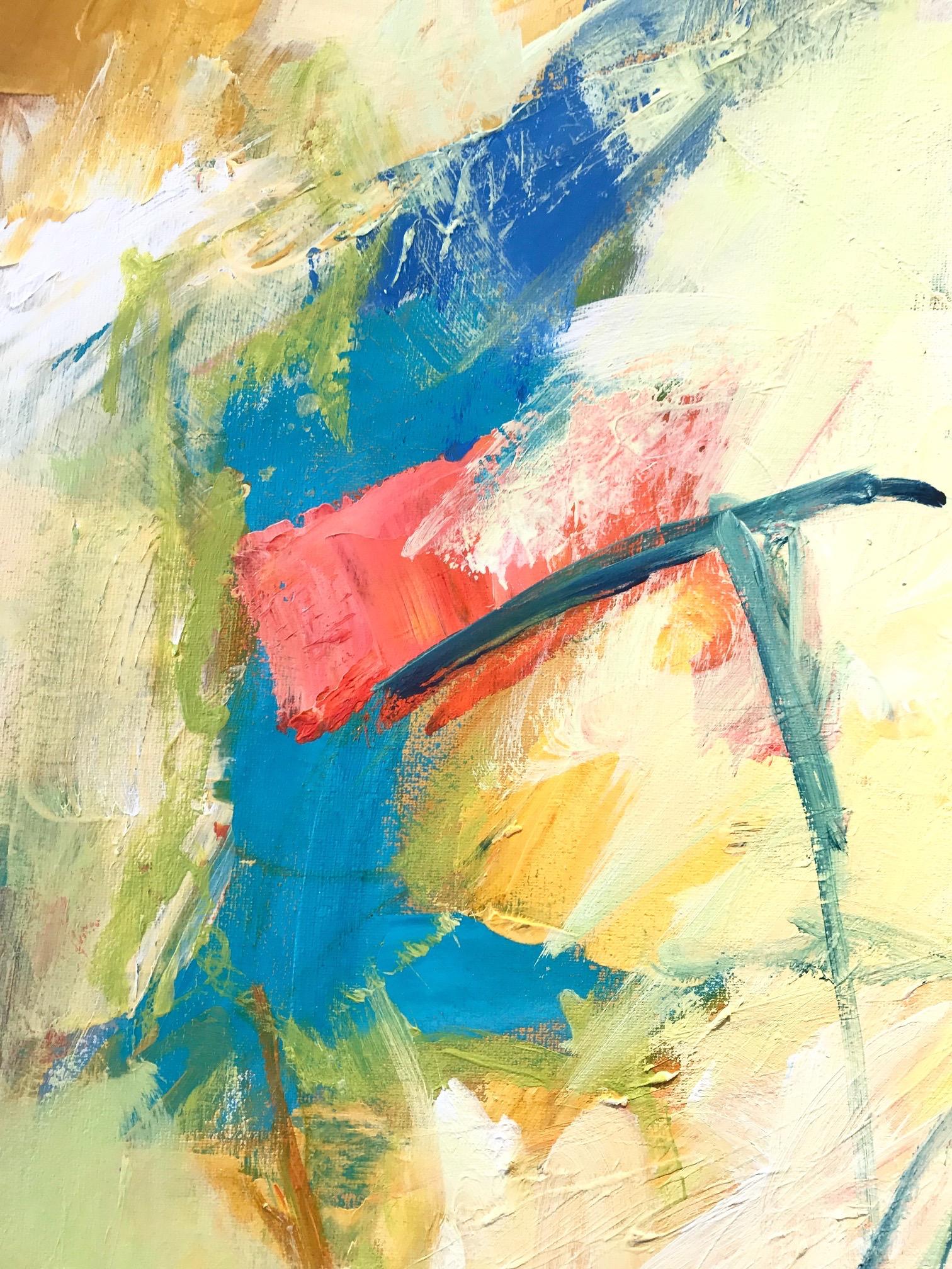 « T's and O's »  Grand ouvrage expressionniste aux couleurs vives, en bleu/chartreuse/rouge - Beige Abstract Painting par Cathy Bennigson