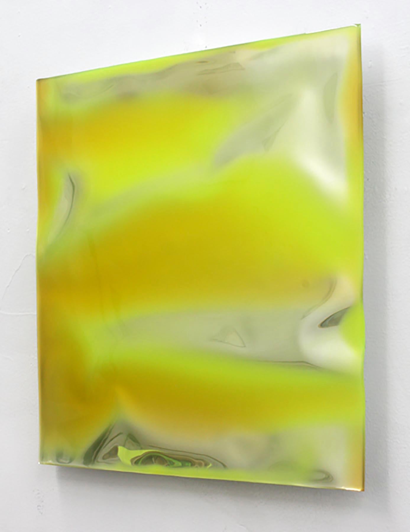 This beautiful yellow work is by Cathy Choi. Her pieces are minimalist, colorful and highly glossed surfaces.
Finding inspiration from the physical and metaphysical qualities of water.  The luminosity and fluid, changeable shape of water is recalled