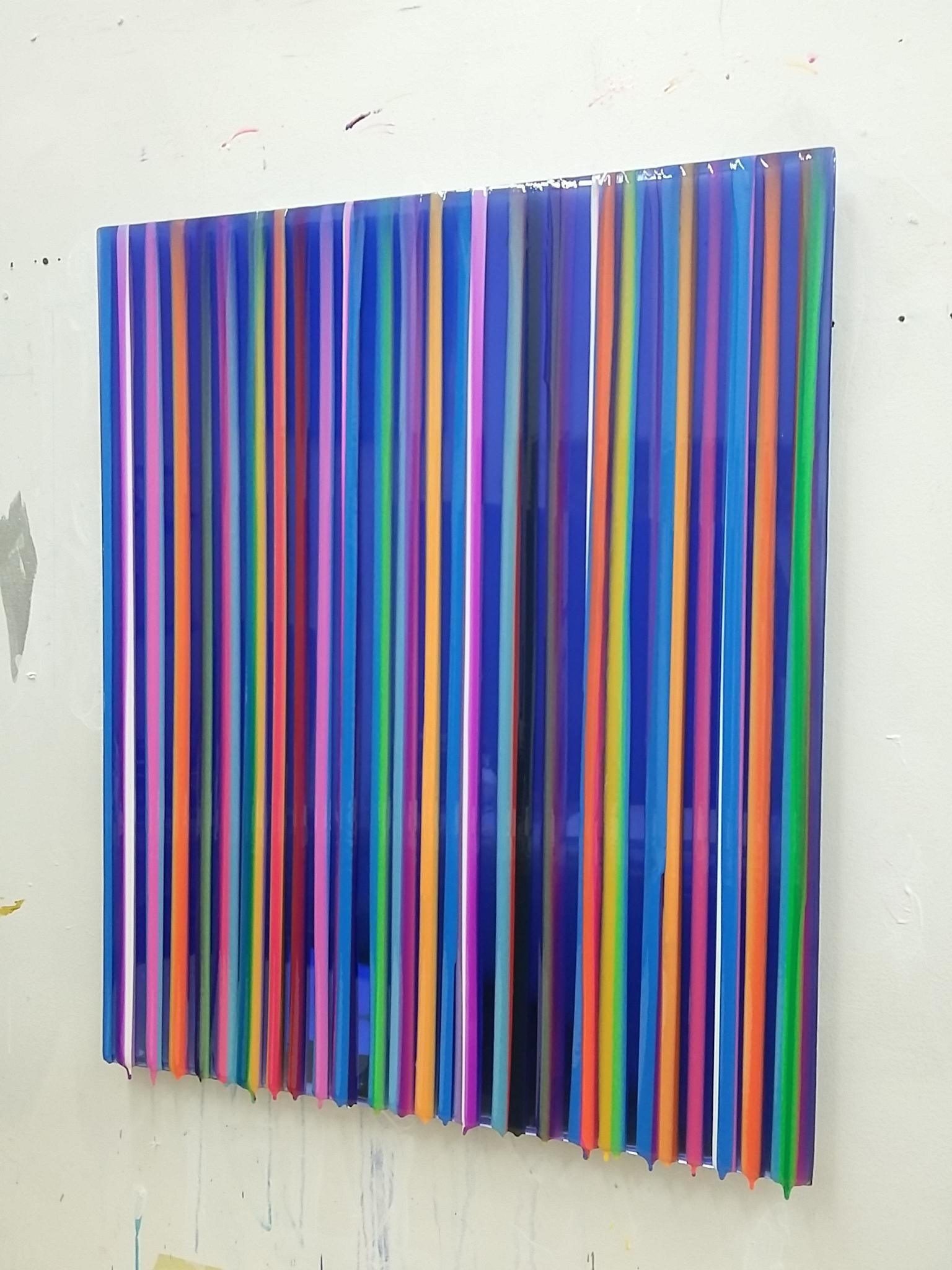 S1903 glossy multi colored striped painting - Painting by Cathy Choi