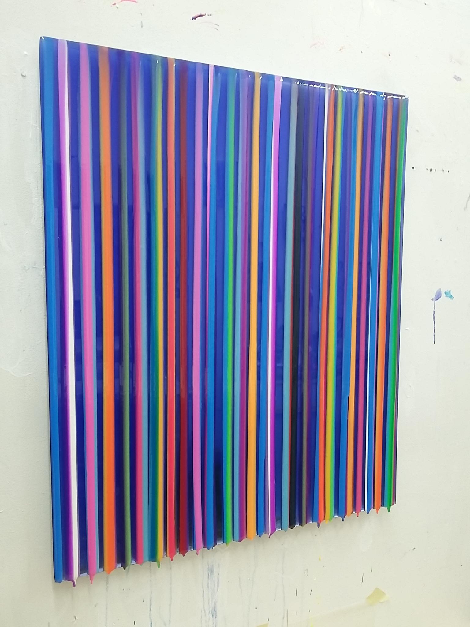 S1903 glossy multi colored striped painting - Contemporary Painting by Cathy Choi