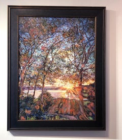 Cathy Diefendorf, « Golden Hour », peinture à l'huile sur toile Autumn Woods, coucher de soleil, 40 x 30