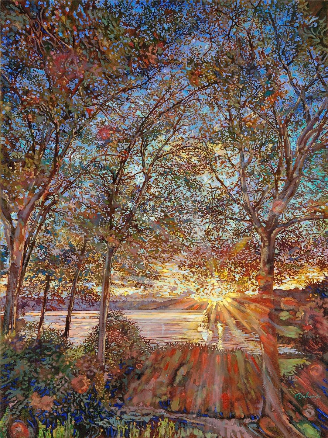 This piece, "Golden Hour" is a 40x30 oil painting on canvas by artist Cathy Diefendorf. Featured is a view through the green trees dappled with warm sunlight from the blue sky above. Shimmering lake water can be seen through the branches, reflecting