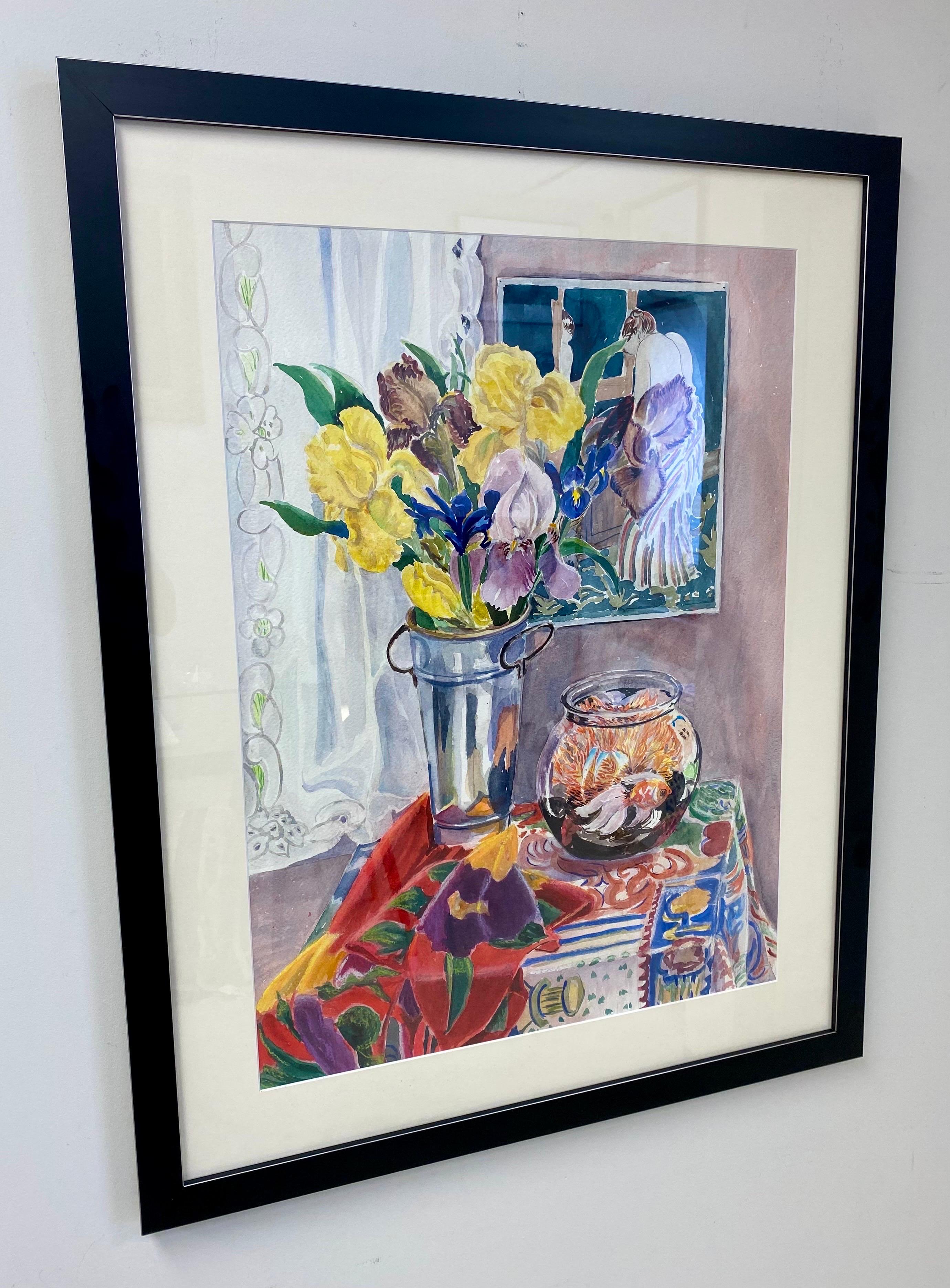 Still Life Watercolor of Irises, Mary Cassatt & Goldfish by Cathy Folk-Williams - Painting by Cathy Folk-Williams 