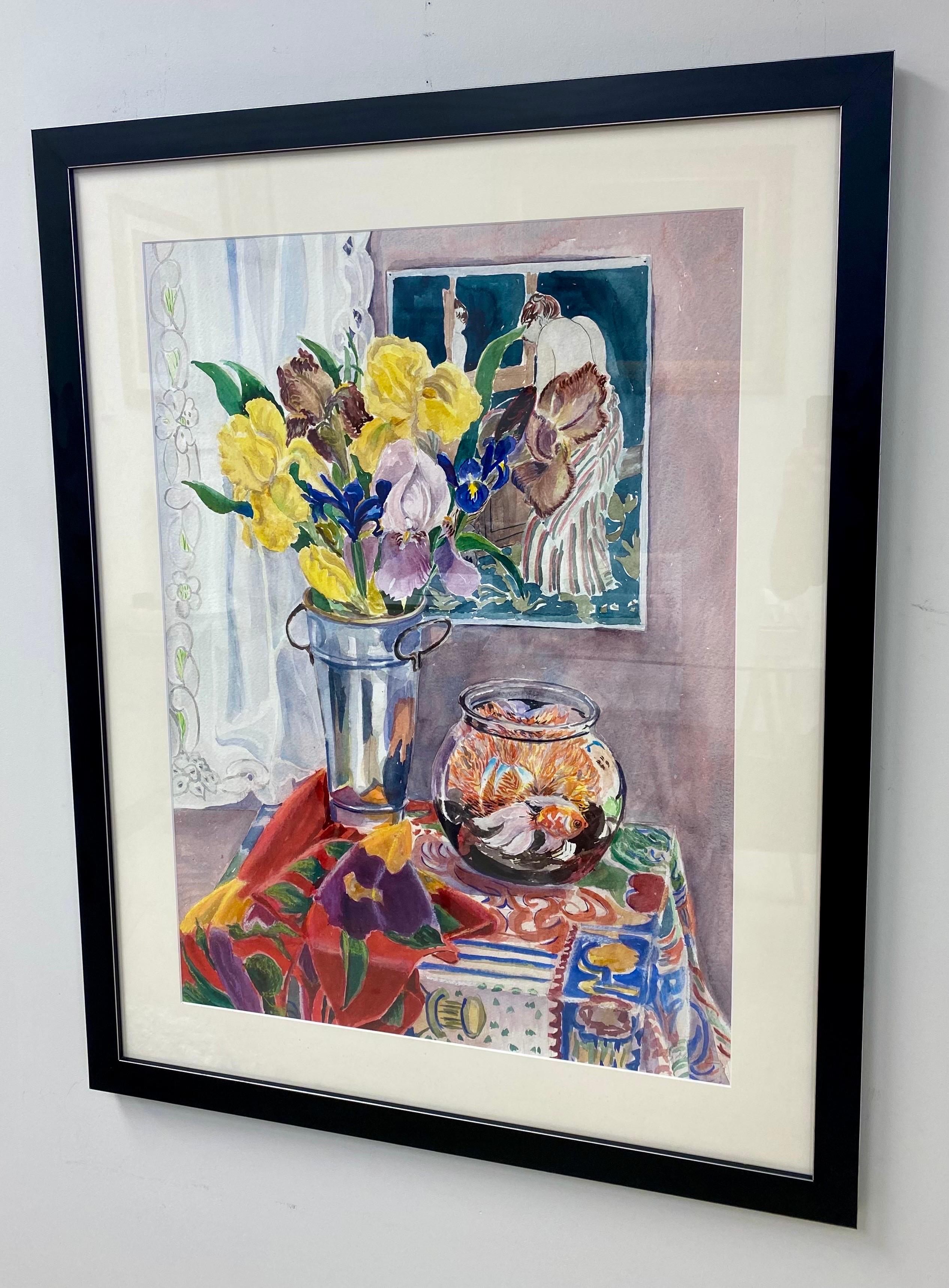 Still Life Watercolor of Irises, Mary Cassatt & Goldfish by Cathy Folk-Williams - American Realist Painting by Cathy Folk-Williams 
