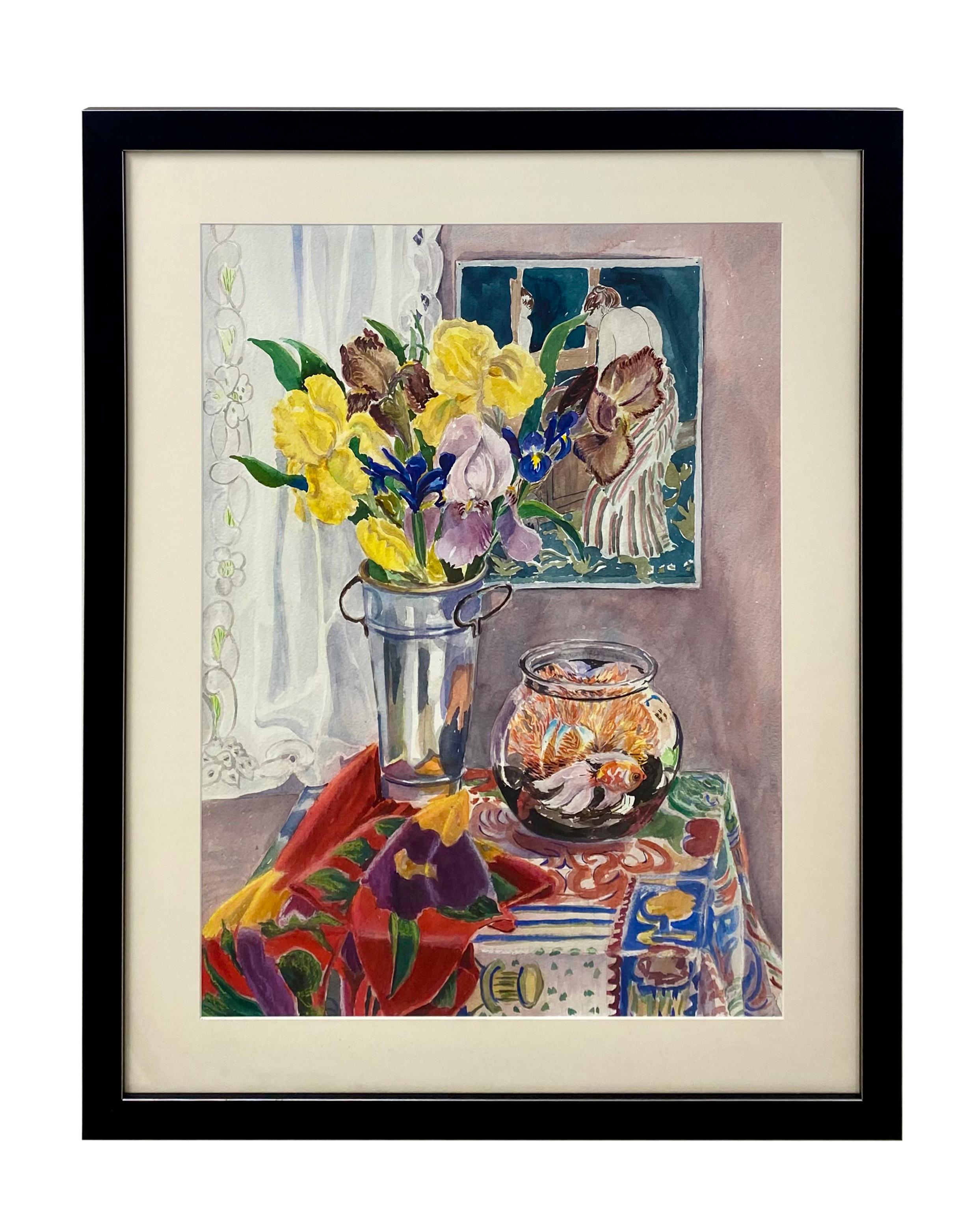Cathy Folk-Williams  Still-Life Painting - Still Life Watercolor of Irises, Mary Cassatt & Goldfish by Cathy Folk-Williams