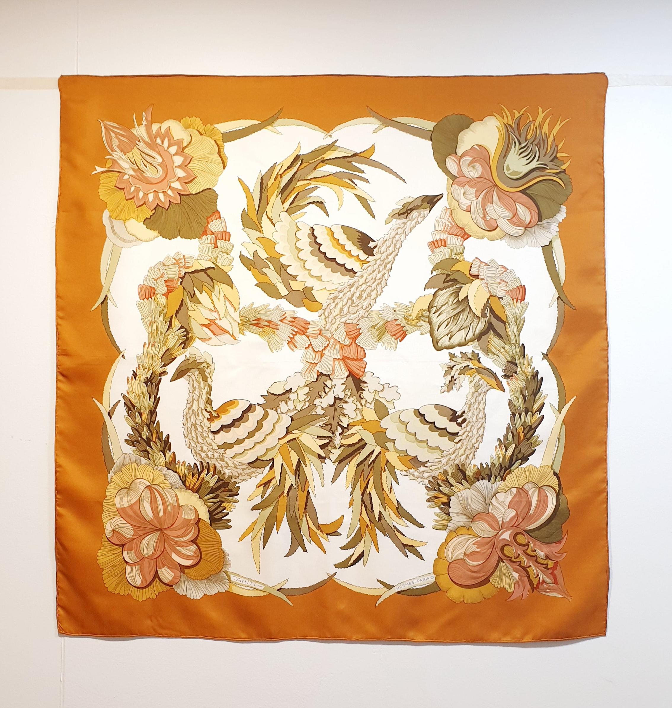 HERMES Scarf  Silk Scarf 100%  Paris, Made In France 
Beautiful Caty Latham's Tahiti is a lovely Hermes silk scarf here in a pretty colorway and from either the original or early issue.
Vintage-preowned – 
Excellent condition. It is finished with
