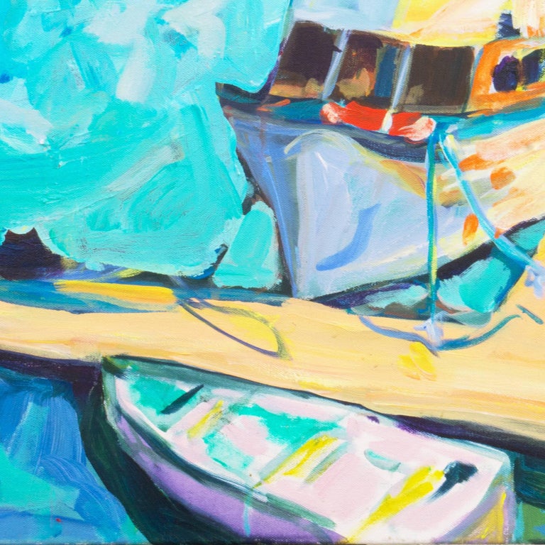 A vibrant, Post-Impressionist view of boats moored beside a wooden jetty with a view towards a landscape in the distance.

Signed lower left, 'C. Puccinelli' for Cathy Puccinelli, a listed Santa Cruz artist.


