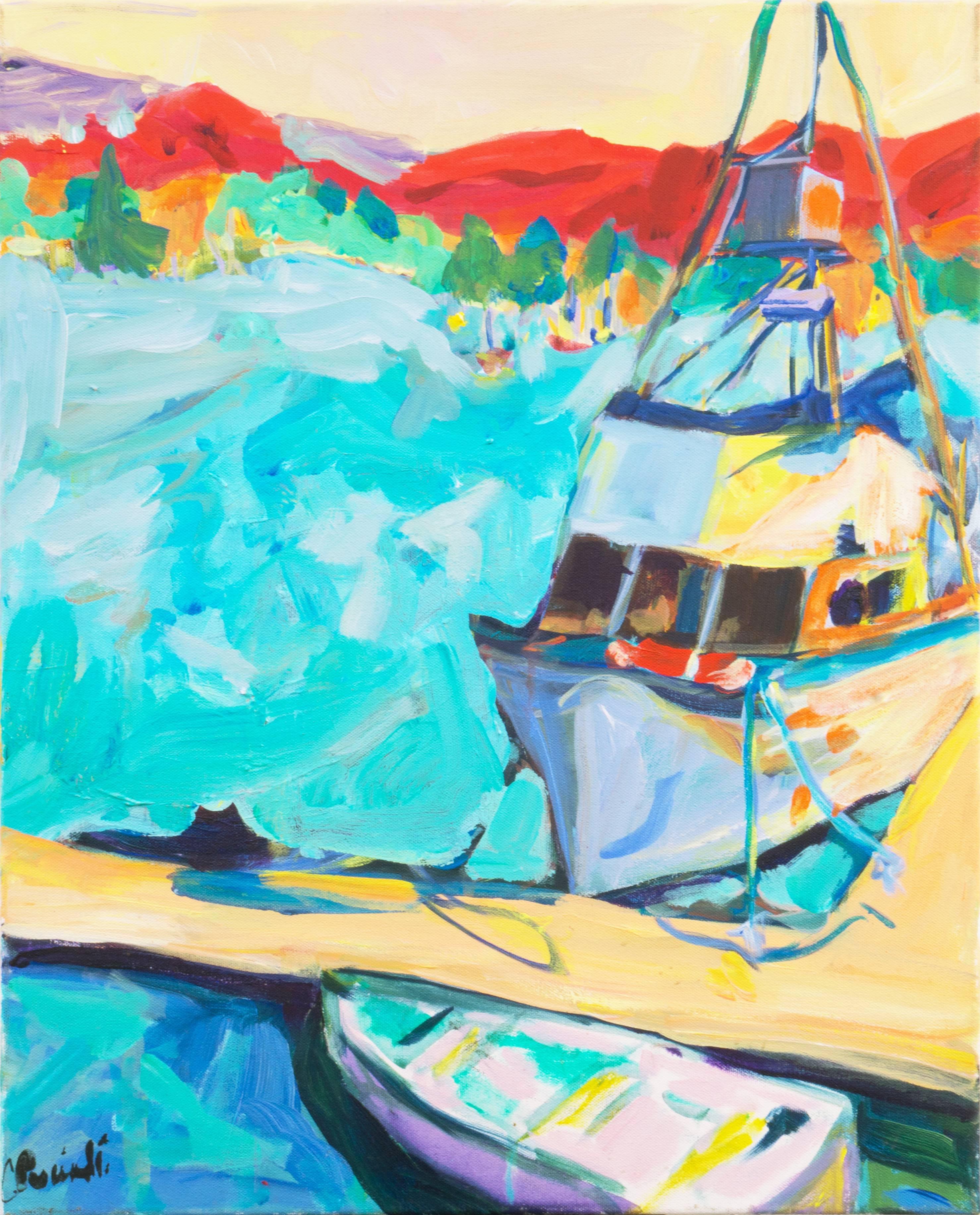 Cathy Puccinelli Landscape Painting - 'Post-Impressionist Harbor Scene', California Woman Artist, Santa Cruz