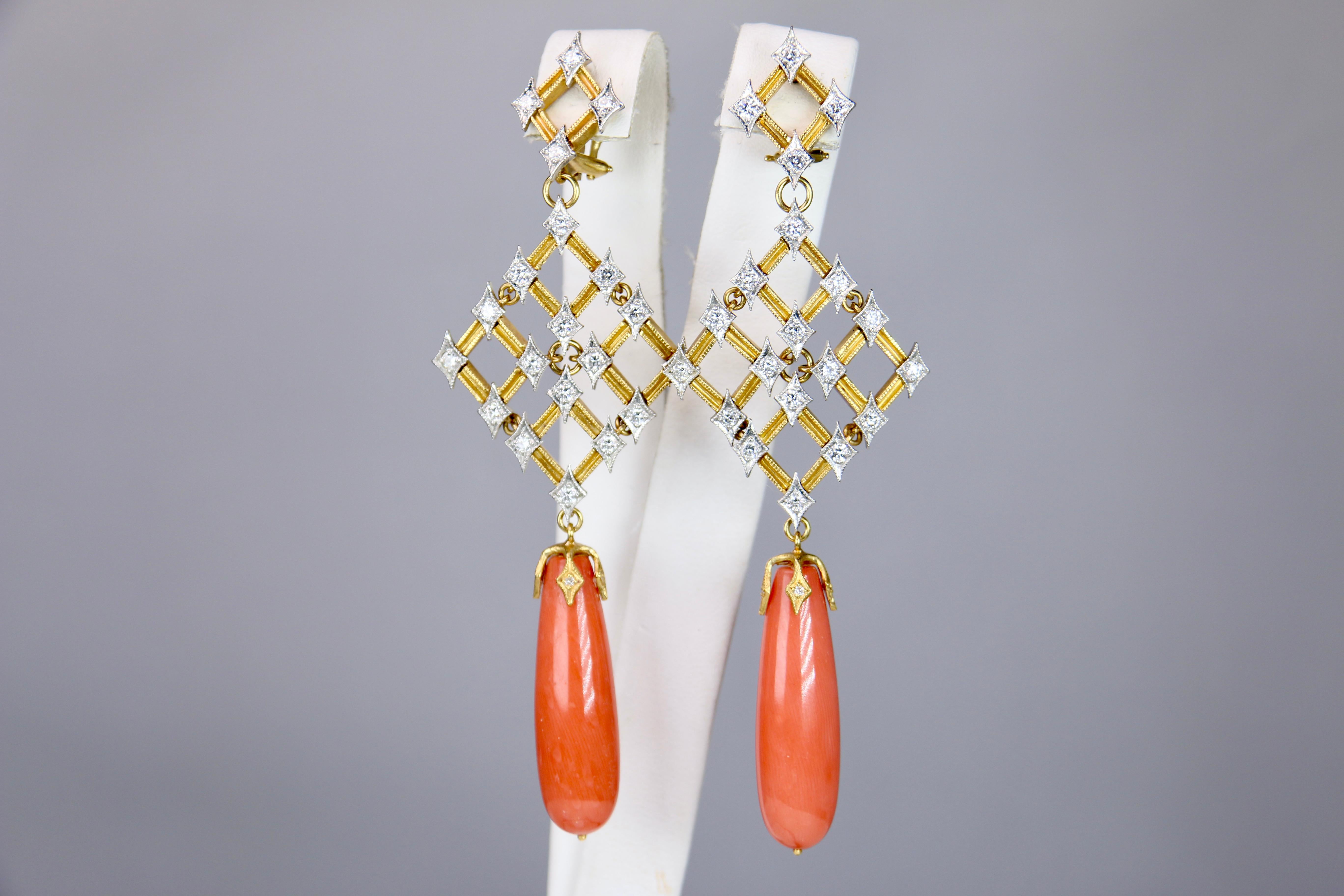 These beautiful 22k Yellow Gold, Platinum, Diamond, and vintage coral dangle earrings from Cathy Waterman are a unique and beautiful piece, perfect for the warmer seasons. Showcasing diamonds and in 22k yellow gold and platinum with the coral