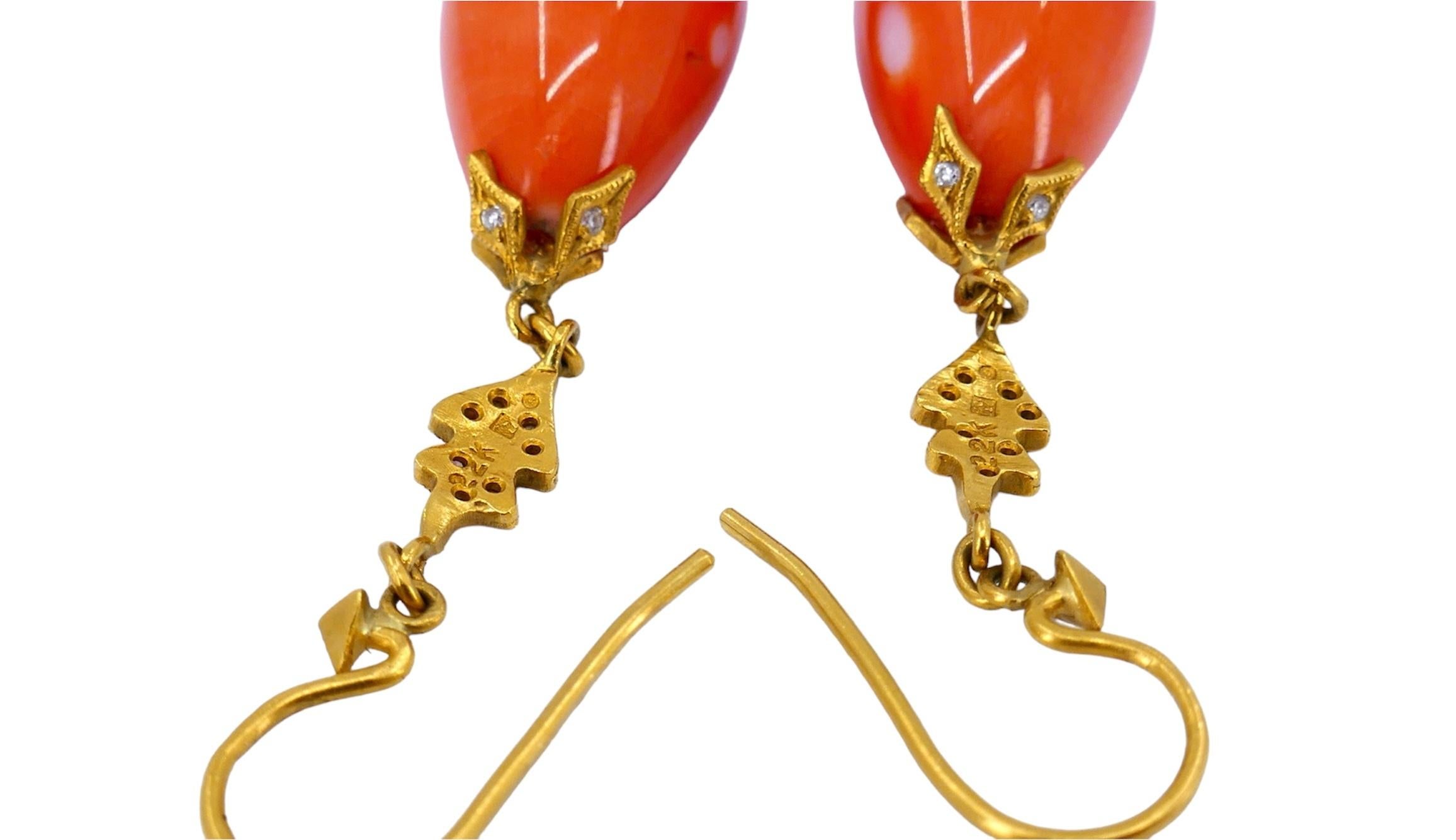 Brilliant Cut Cathy Waterman Coral Diamond 22k Gold Drop Earrings